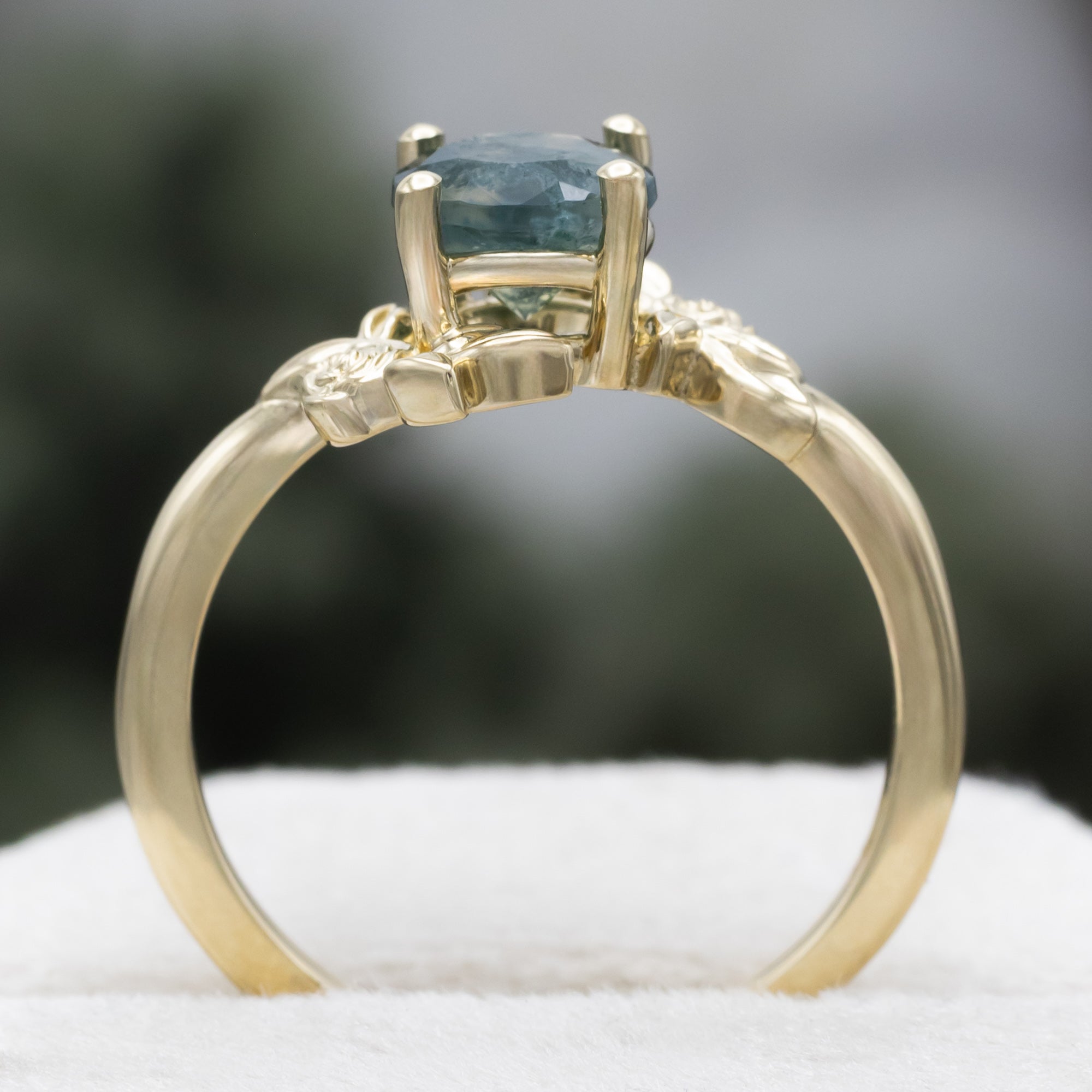 "Rosa" - Round Cut Moss Agate Solitaire Engagement Ring With Flower Accents-Staghead Designs