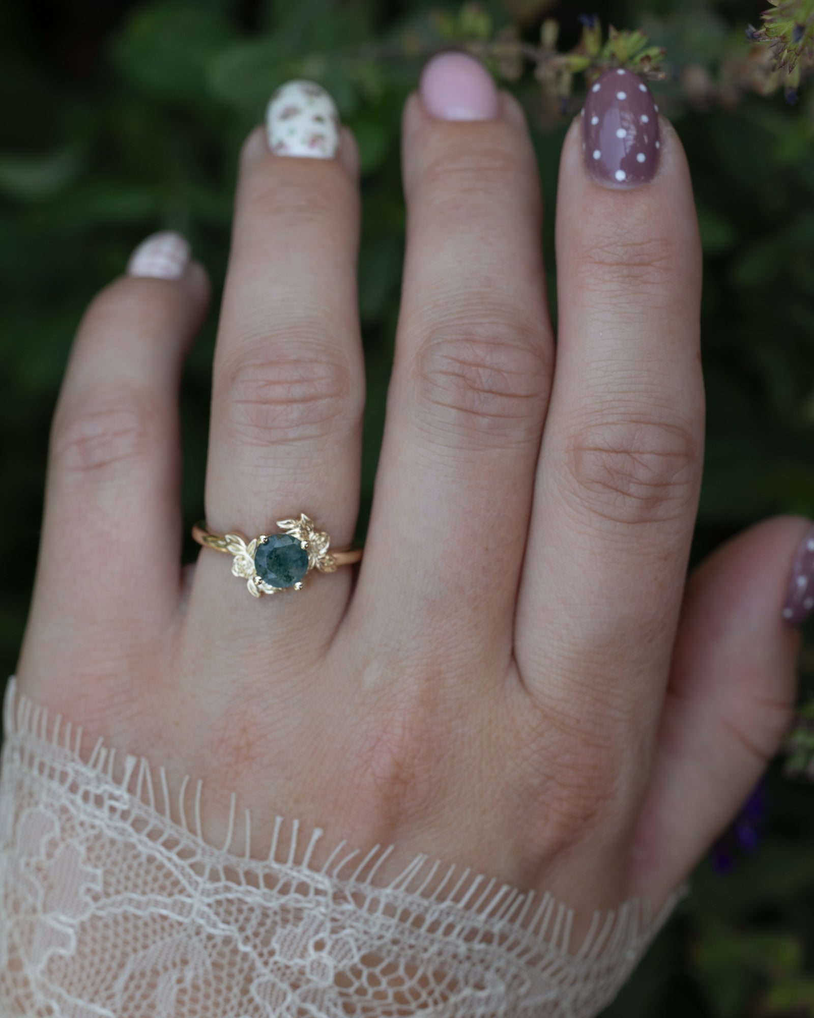 "Rosa" - Round Cut Moss Agate Solitaire Engagement Ring With Flower Accents-Staghead Designs