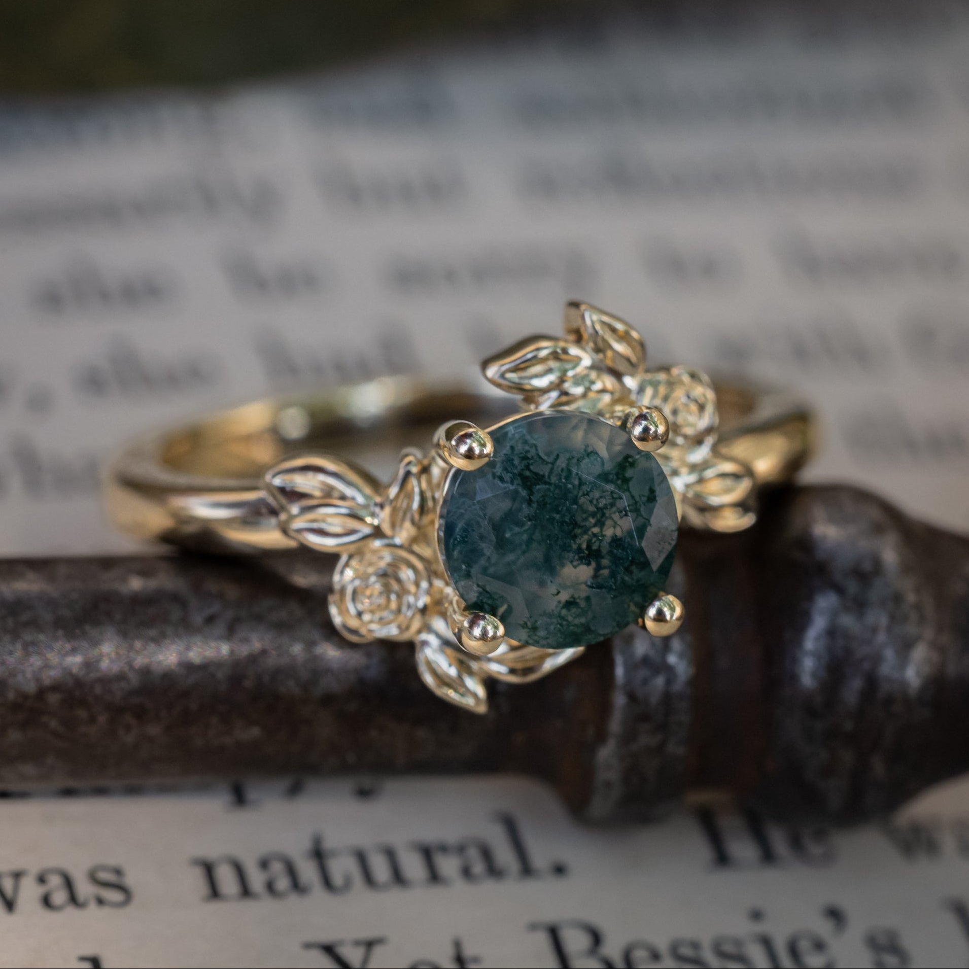"Rosa" - Round Cut Moss Agate Solitaire Engagement Ring With Flower Accents-Staghead Designs