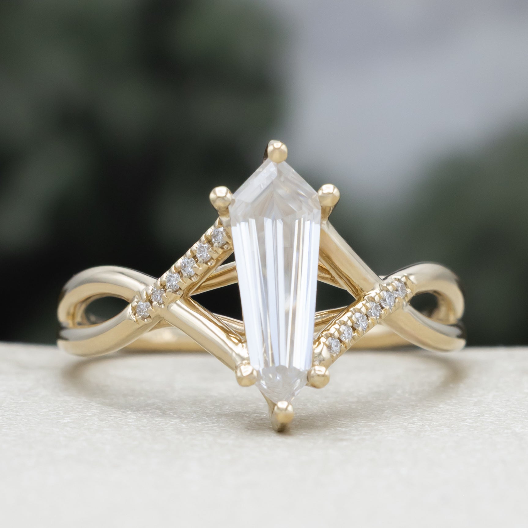 "Roslyn" - Dagger Cut Moissanite Engagement Ring With Diamond Accents