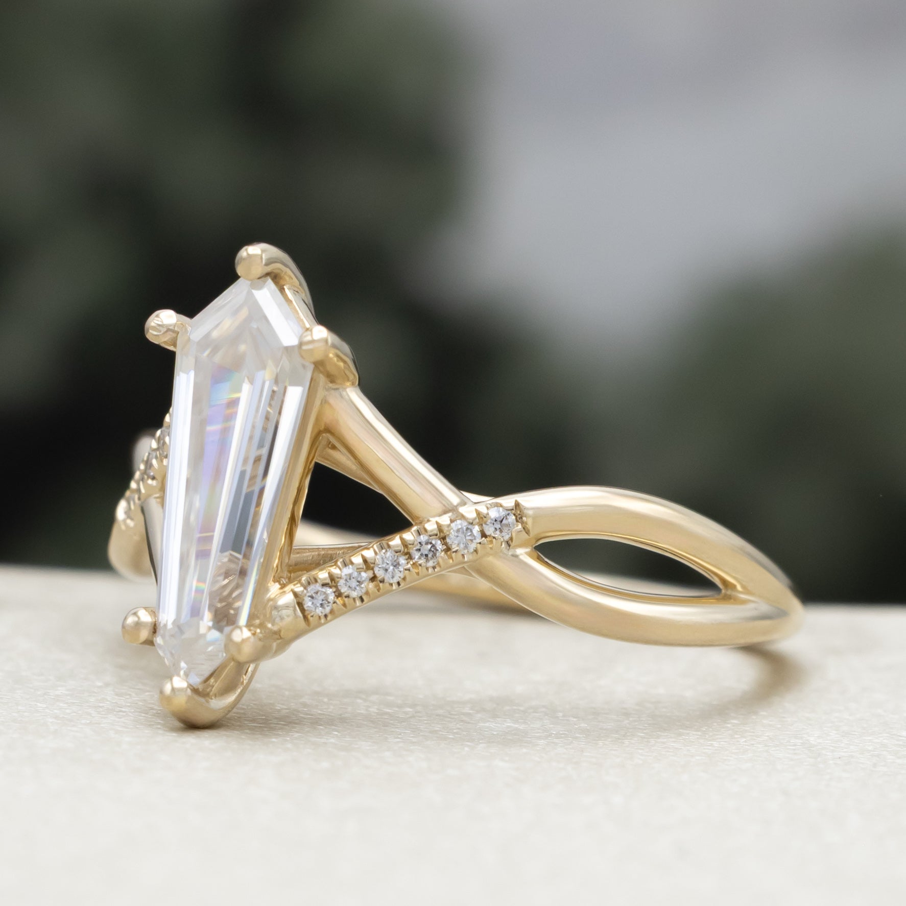 "Roslyn" - Dagger Cut Moissanite Engagement Ring With Diamond Accents
