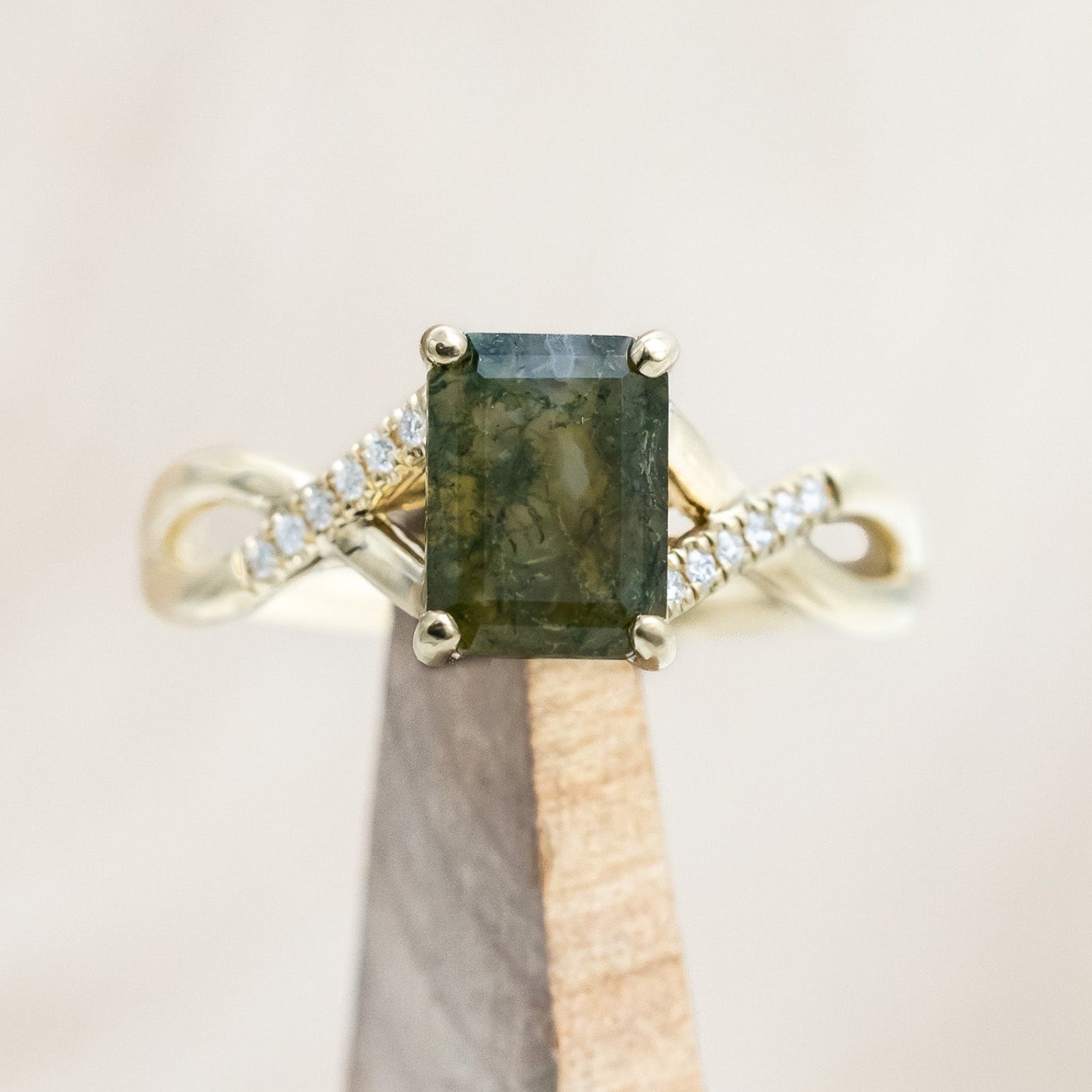 "Roslyn" - emerald cut moss agate women's engagement ring with diamond accents
