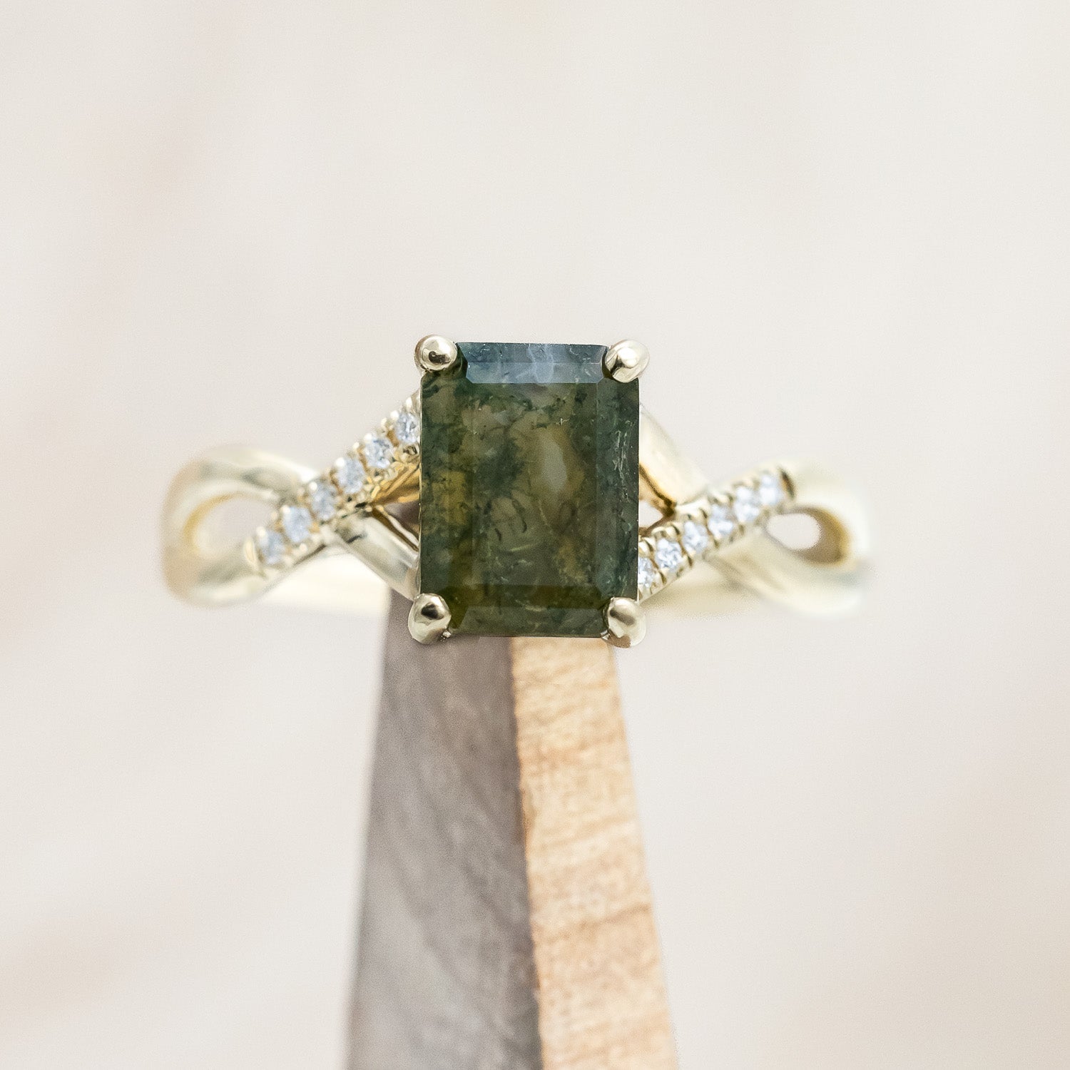 "Roslyn" - emerald cut moss agate women's engagement ring with diamond accents