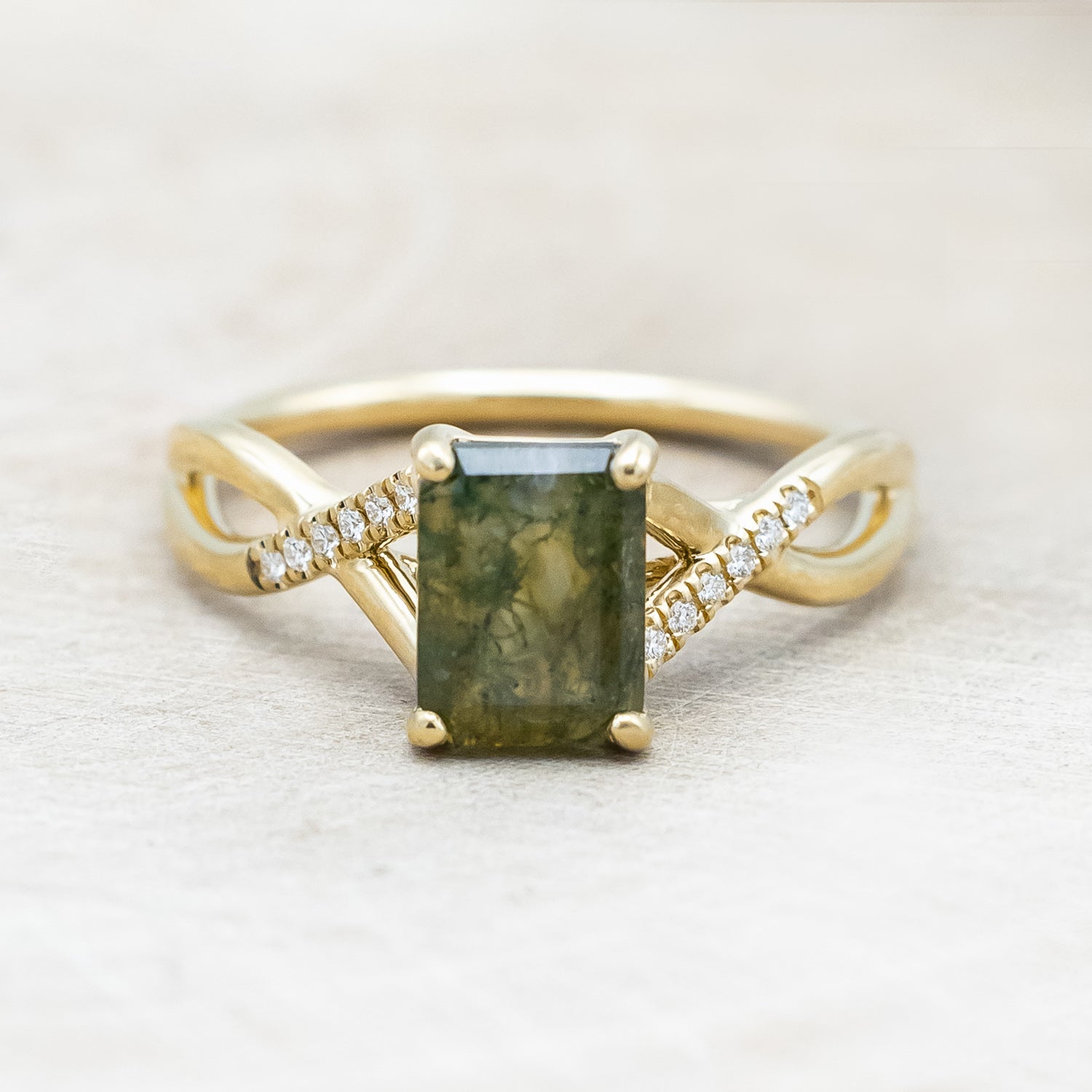 "Roslyn" - emerald cut moss agate women's engagement ring with diamond accents