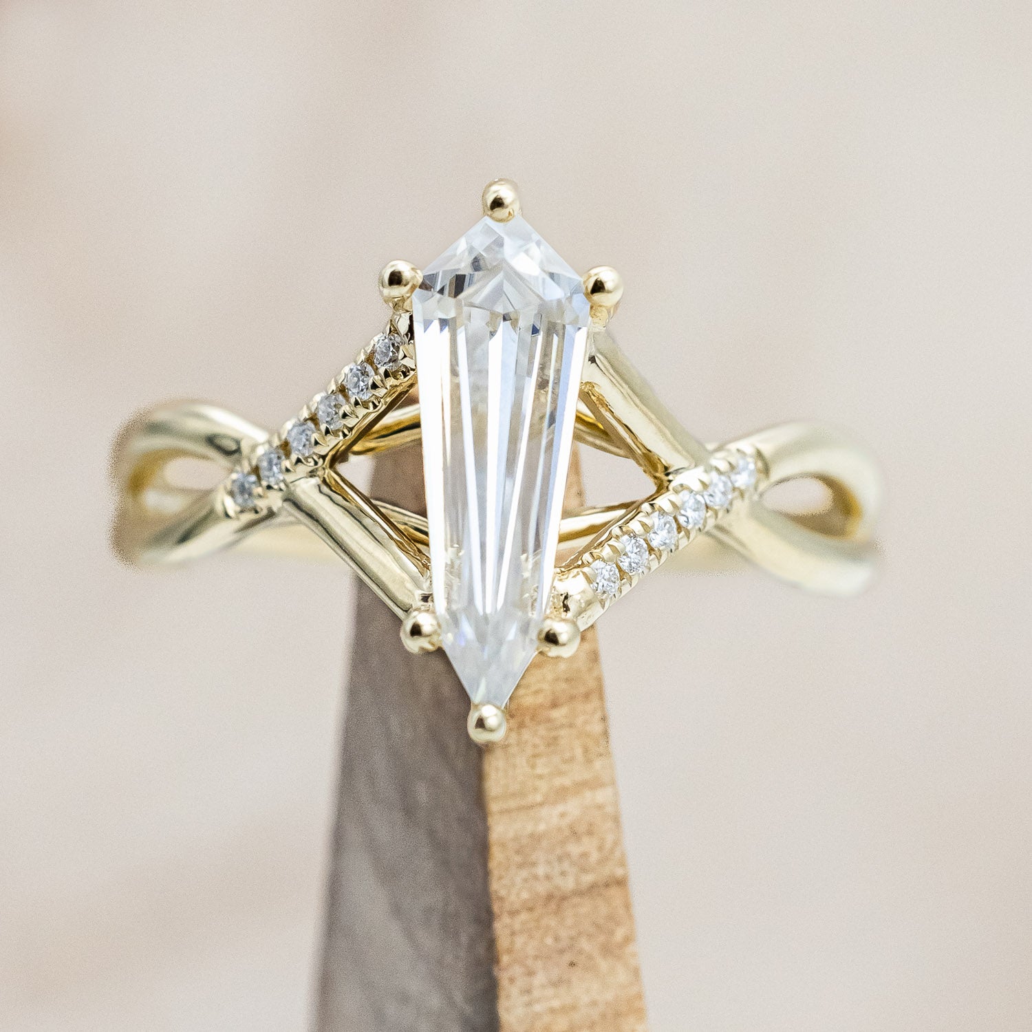 "Roslyn" - elongated kite cut moissanite women's engagement ring with diamond accents in 14K yellow gold