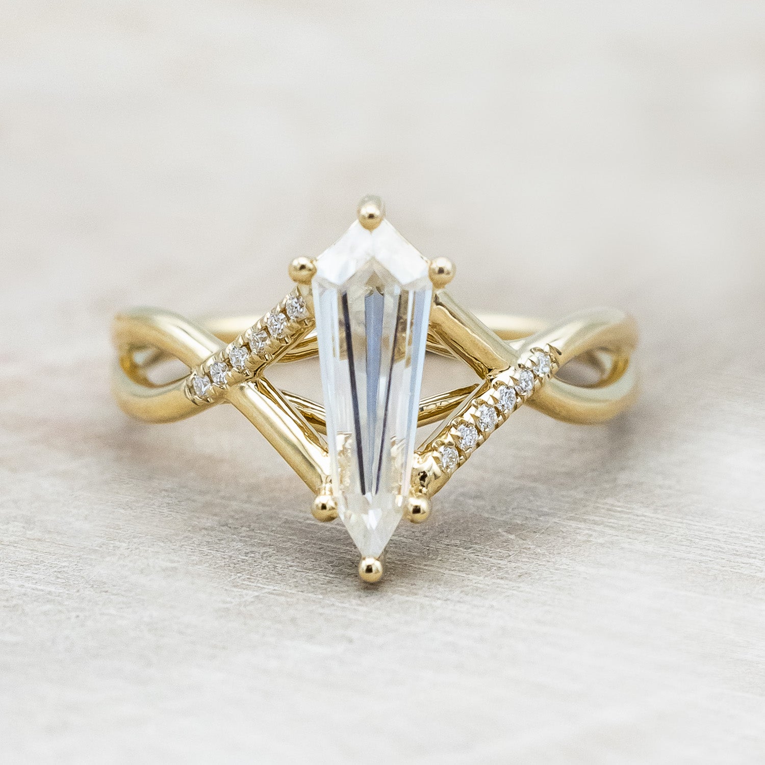 "Roslyn" - elongated kite cut moissanite women's engagement ring with diamond accents in 14K yellow gold