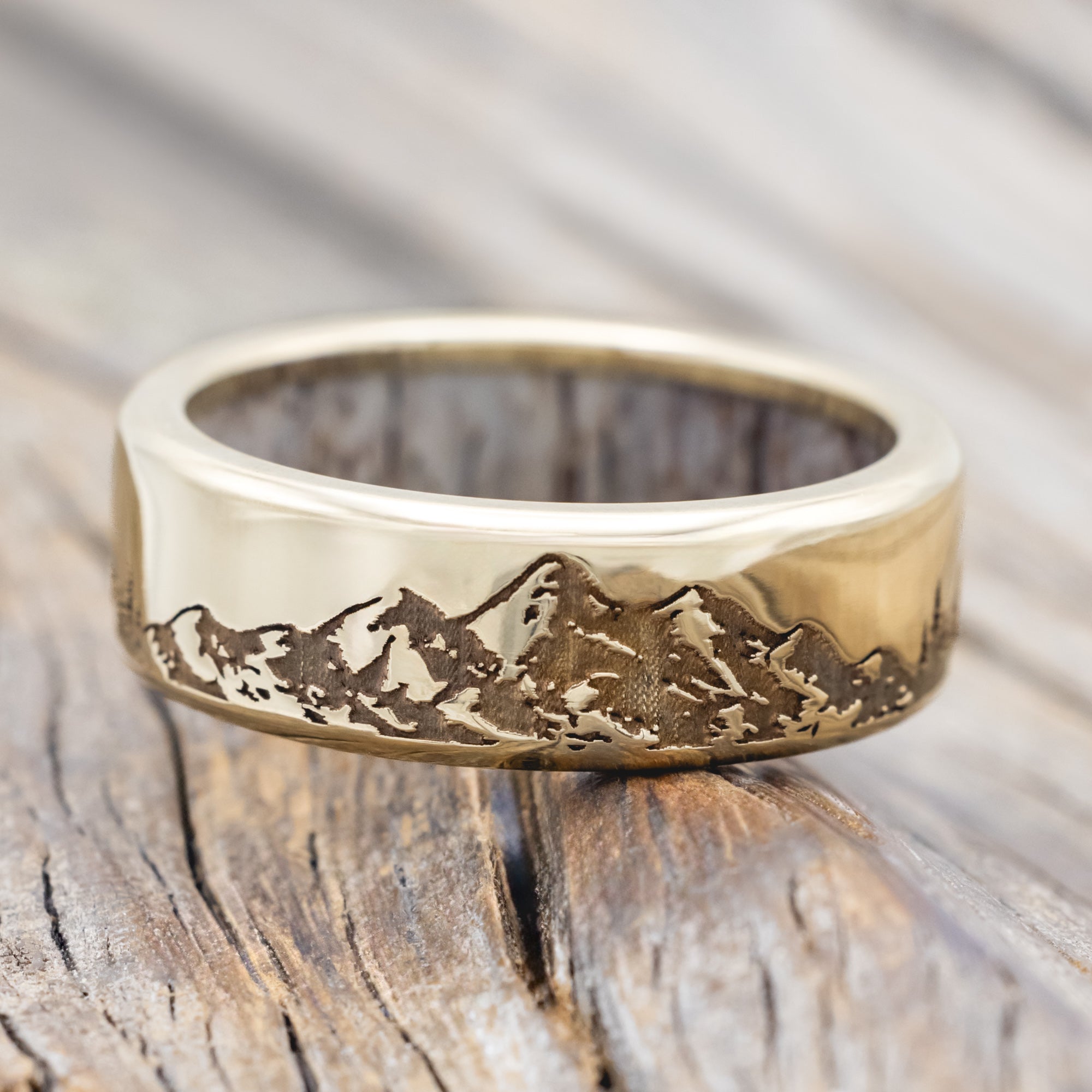 "ROSS" - MOUNTAIN & FOREST ENGRAVED WEDDING BAND WITH CUSTOM LINING-Staghead Designs