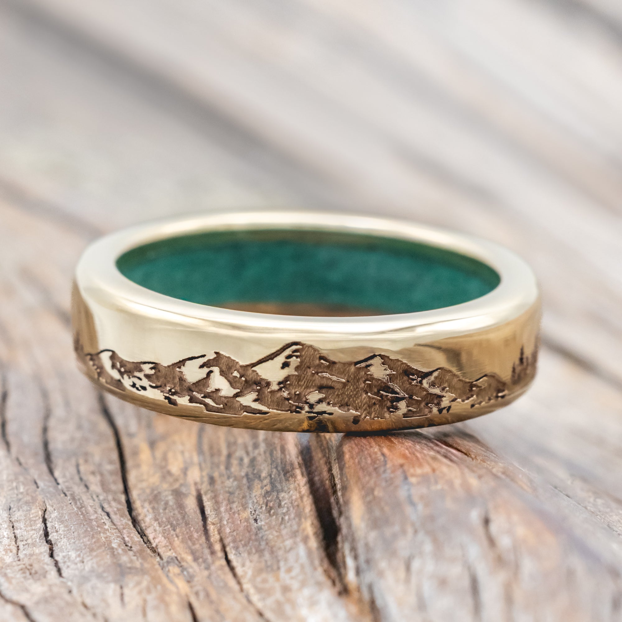 "ROSS" - MOUNTAIN & FOREST ENGRAVED WEDDING BAND WITH CUSTOM LINING-Staghead Designs