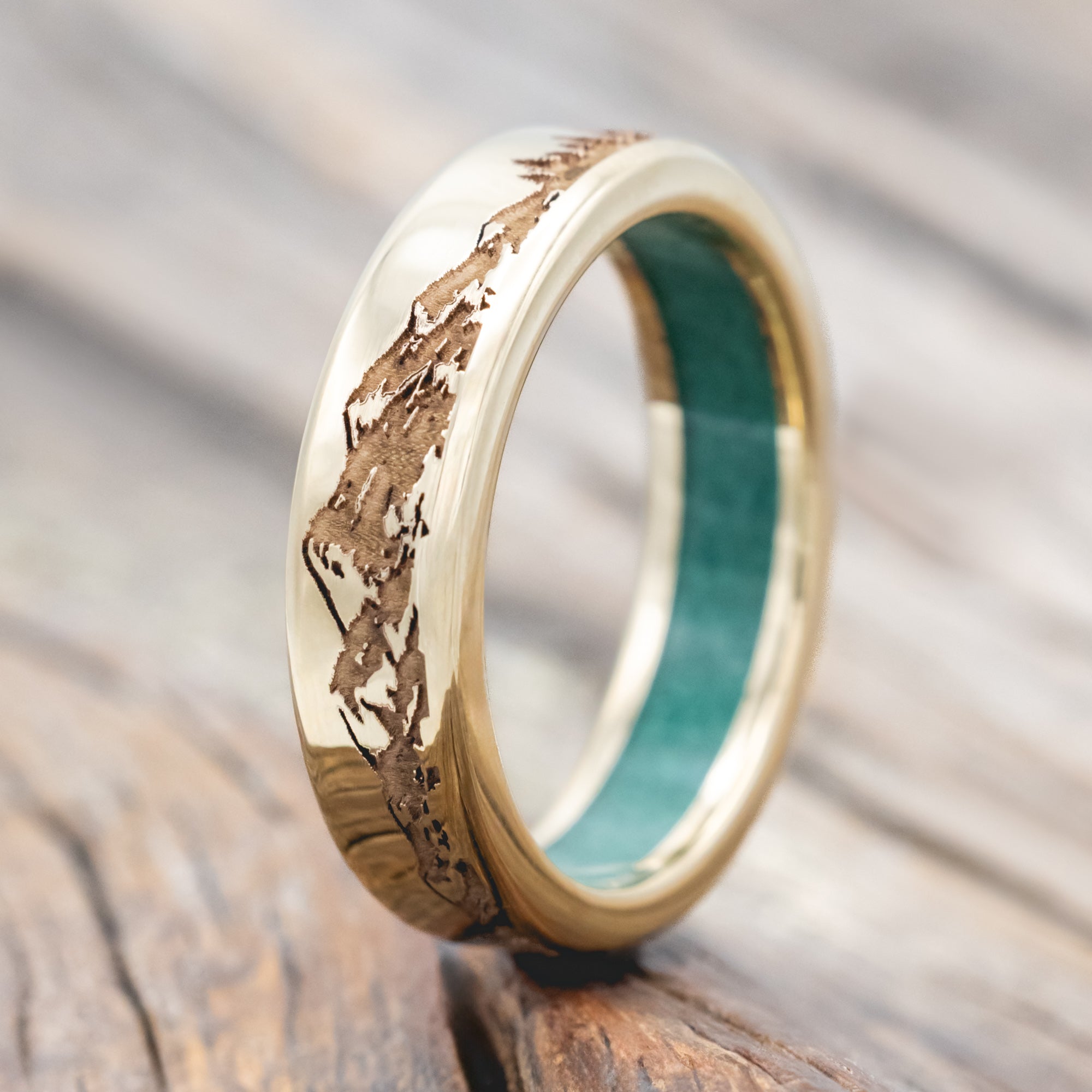 "ROSS" - MOUNTAIN & FOREST ENGRAVED WEDDING BAND WITH CUSTOM LINING-Staghead Designs