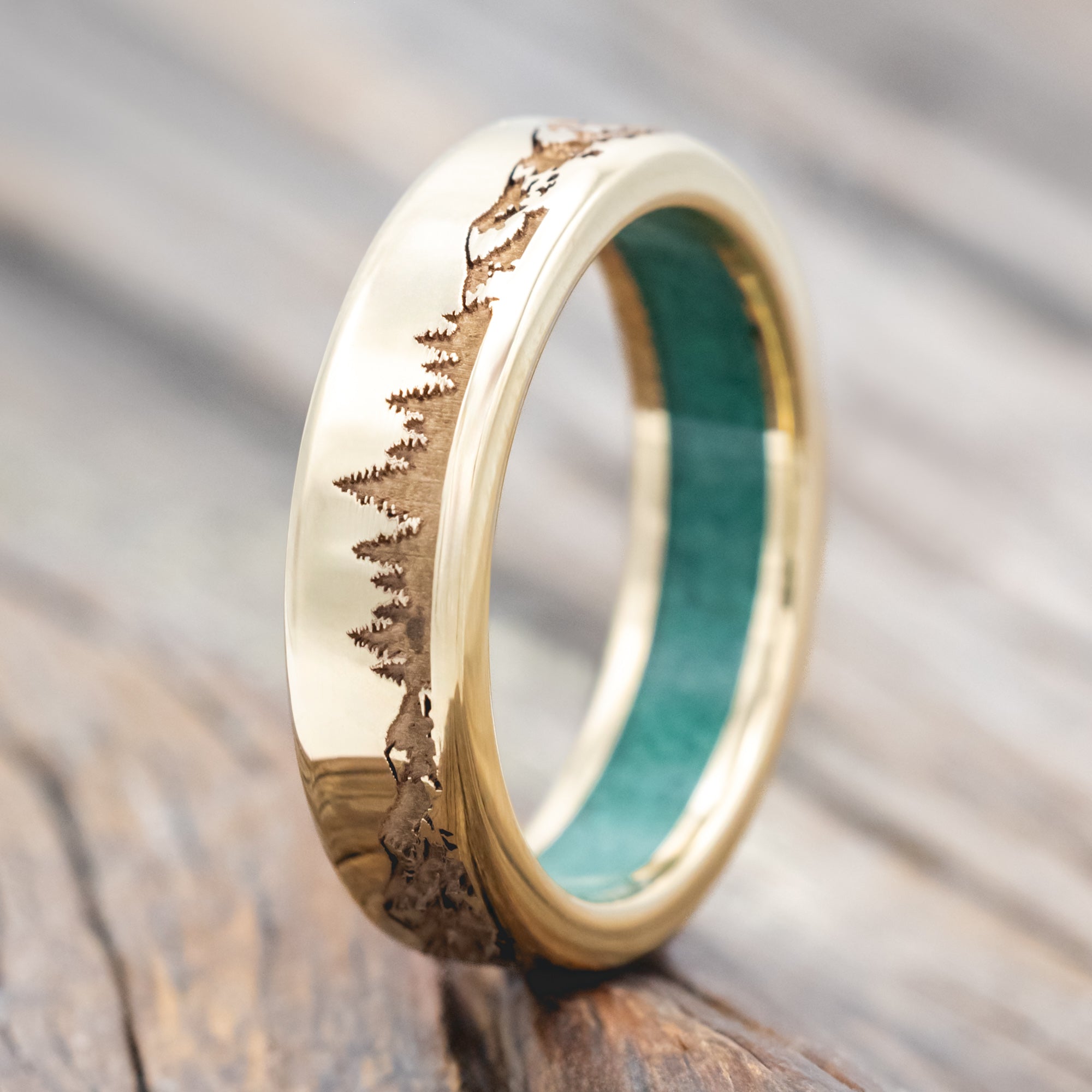 "ROSS" - MOUNTAIN & FOREST ENGRAVED WEDDING BAND WITH CUSTOM LINING-Staghead Designs