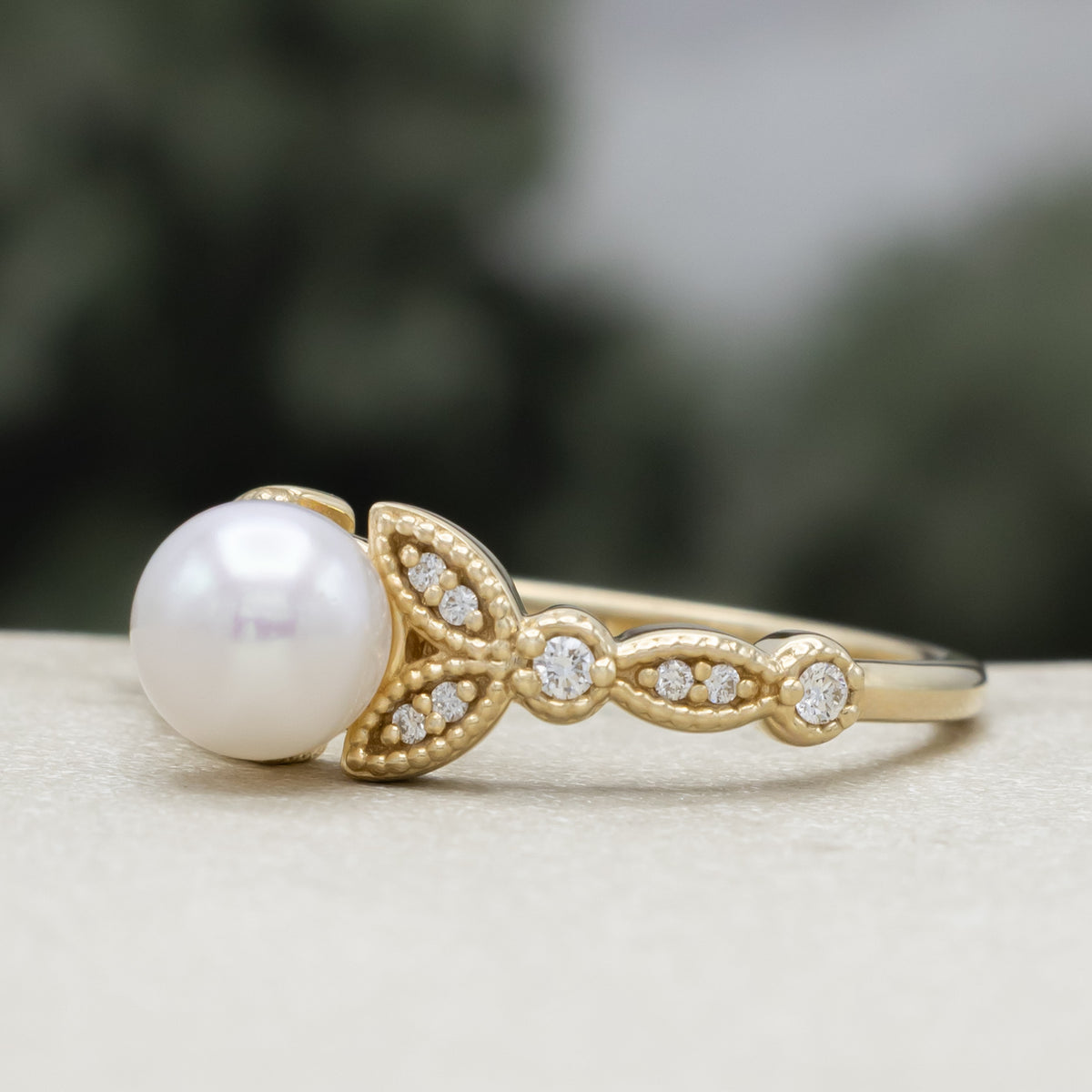 "Calypso" - Round Akoya Pearl Engagement Ring With Diamond Accents-Staghead Designs