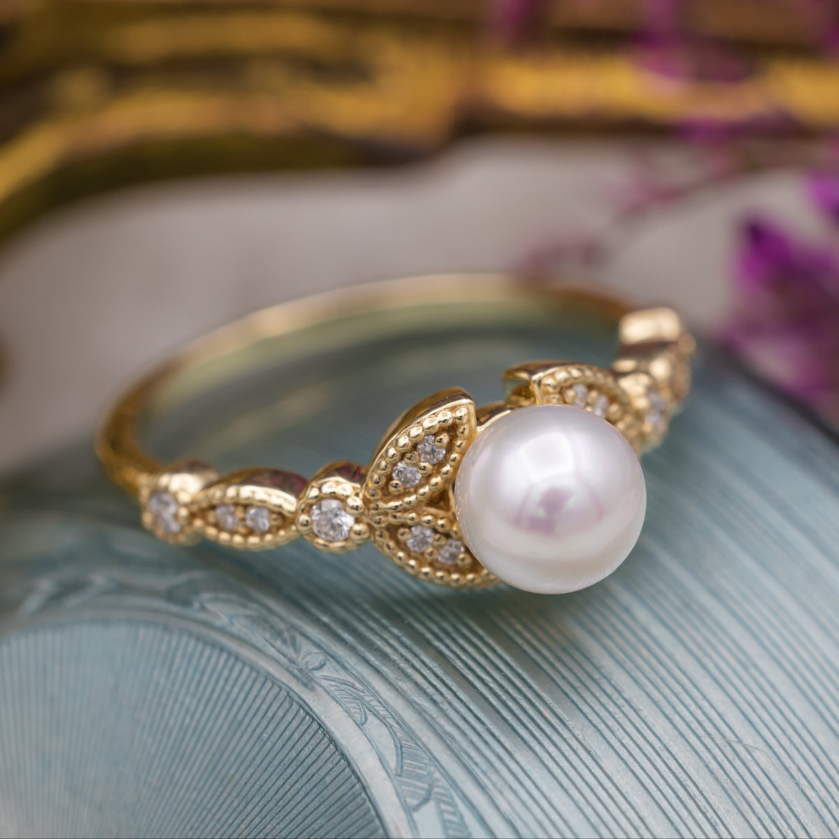 "Calypso" - Round Akoya Pearl Engagement Ring With Diamond Accents-Staghead Designs