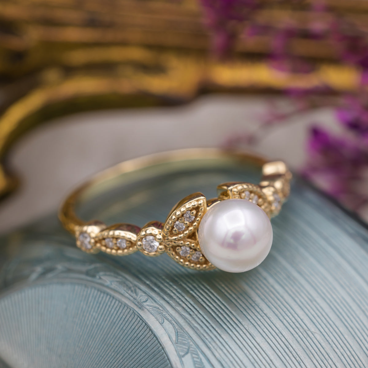 "Calypso" - Round Akoya Pearl Engagement Ring With Diamond Accents-Staghead Designs