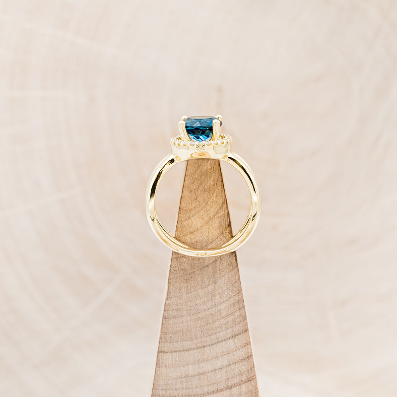ROUND CUT BLUE TOPAZ ENGAGEMENT RING WITH DIAMOND HALO