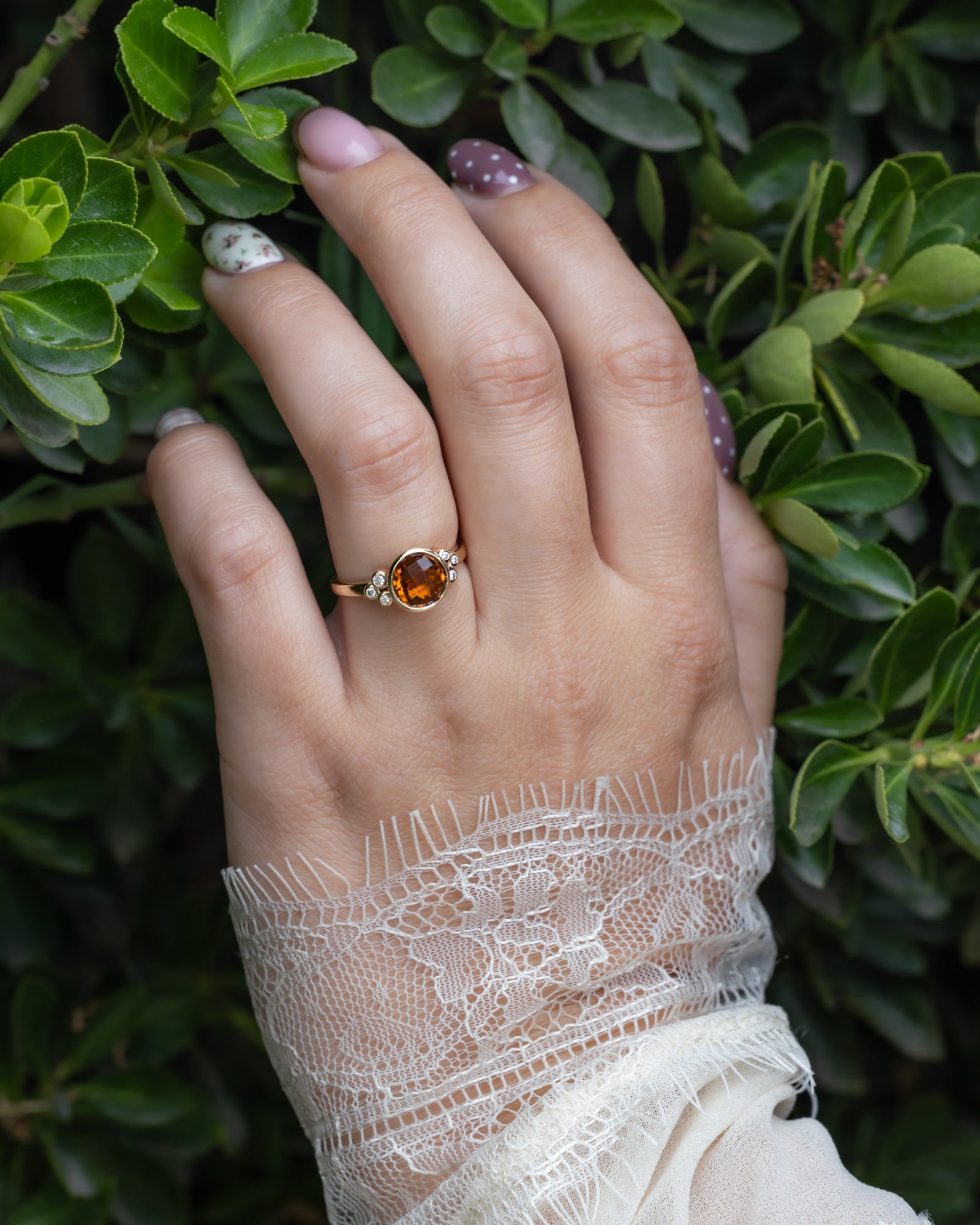 "Ondine" - Round Checkerboard Cut Citrine Engagement Ring With Diamond Accents-Staghead Designs