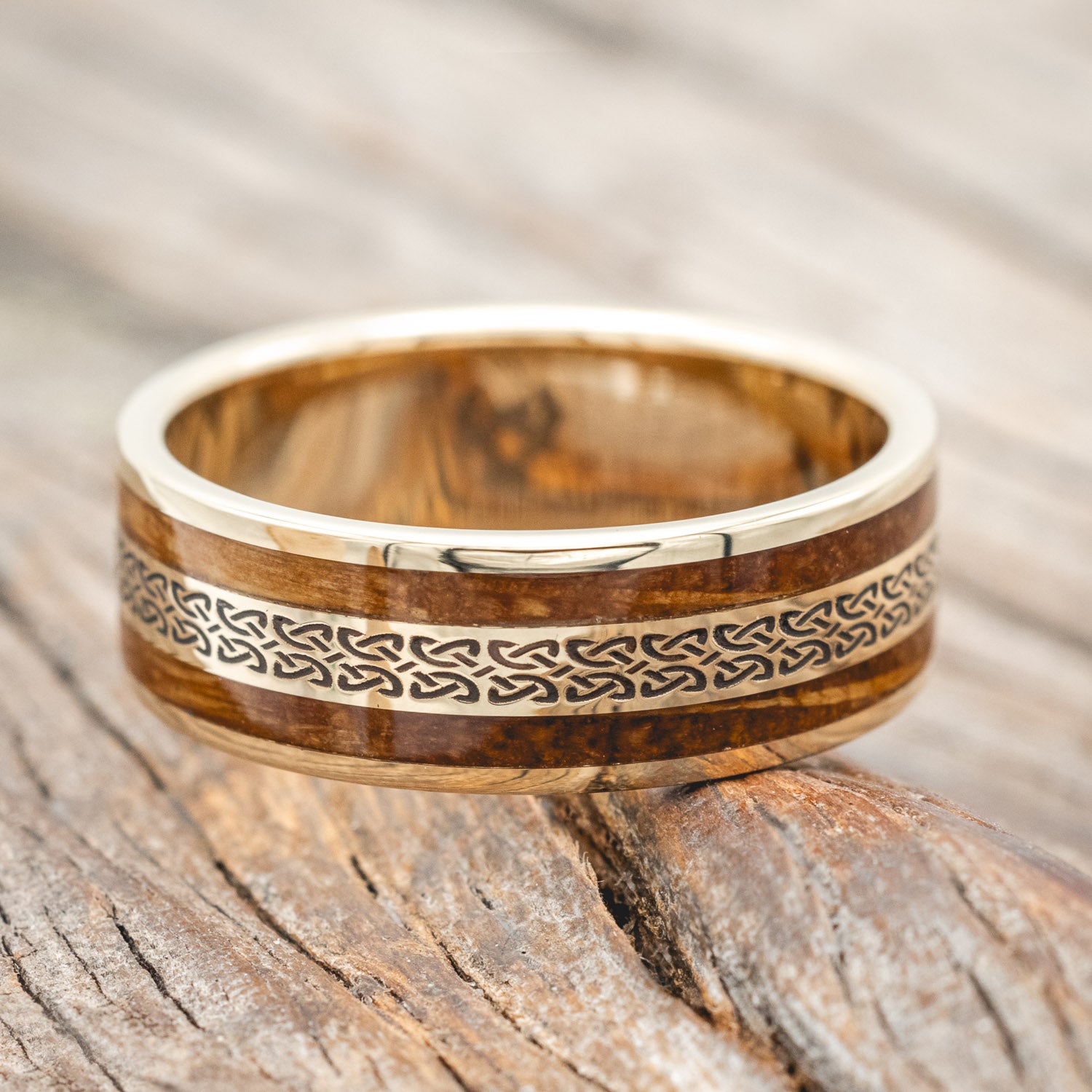 "RYDER" - CELTIC LOVE KNOT ENGRAVED & WHISKEY BARREL OAK WEDDING RING-Staghead Designs