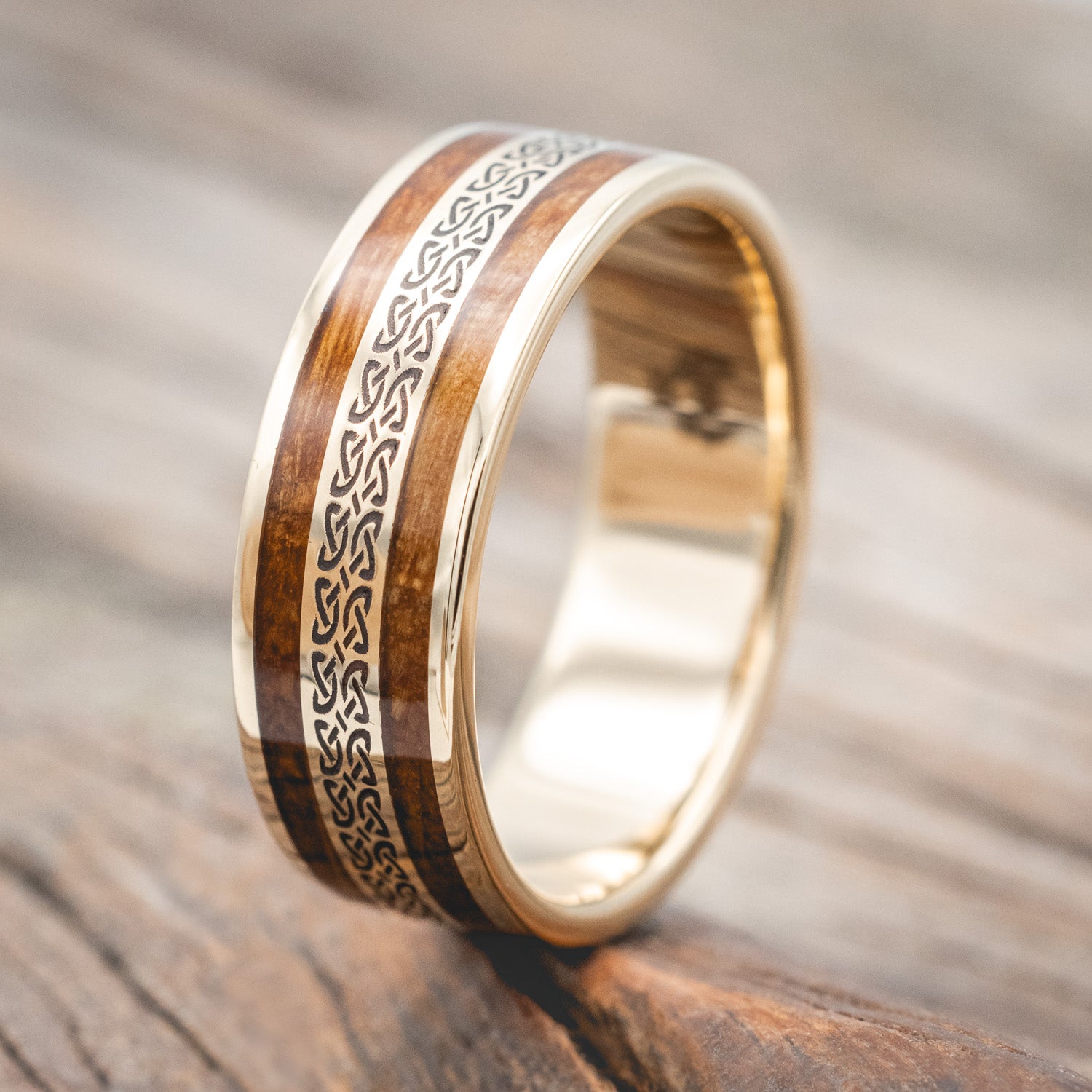 "RYDER" - CELTIC LOVE KNOT ENGRAVED & WHISKEY BARREL OAK WEDDING RING-Staghead Designs