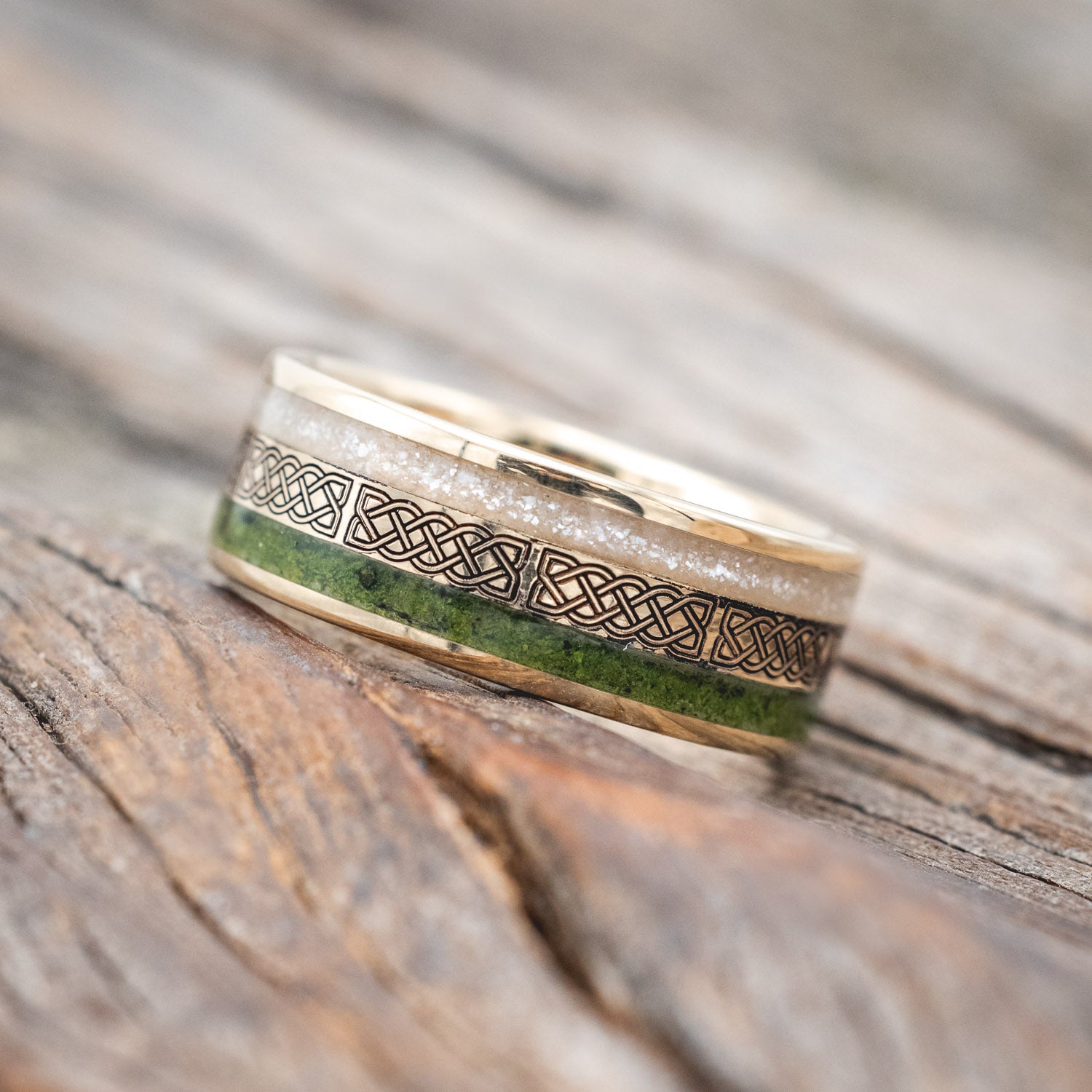 "RYDER" - CELTIC SAILOR'S KNOT ENGRAVED, DIAMOND DUST & MOSS WEDDING RING-Staghead Designs