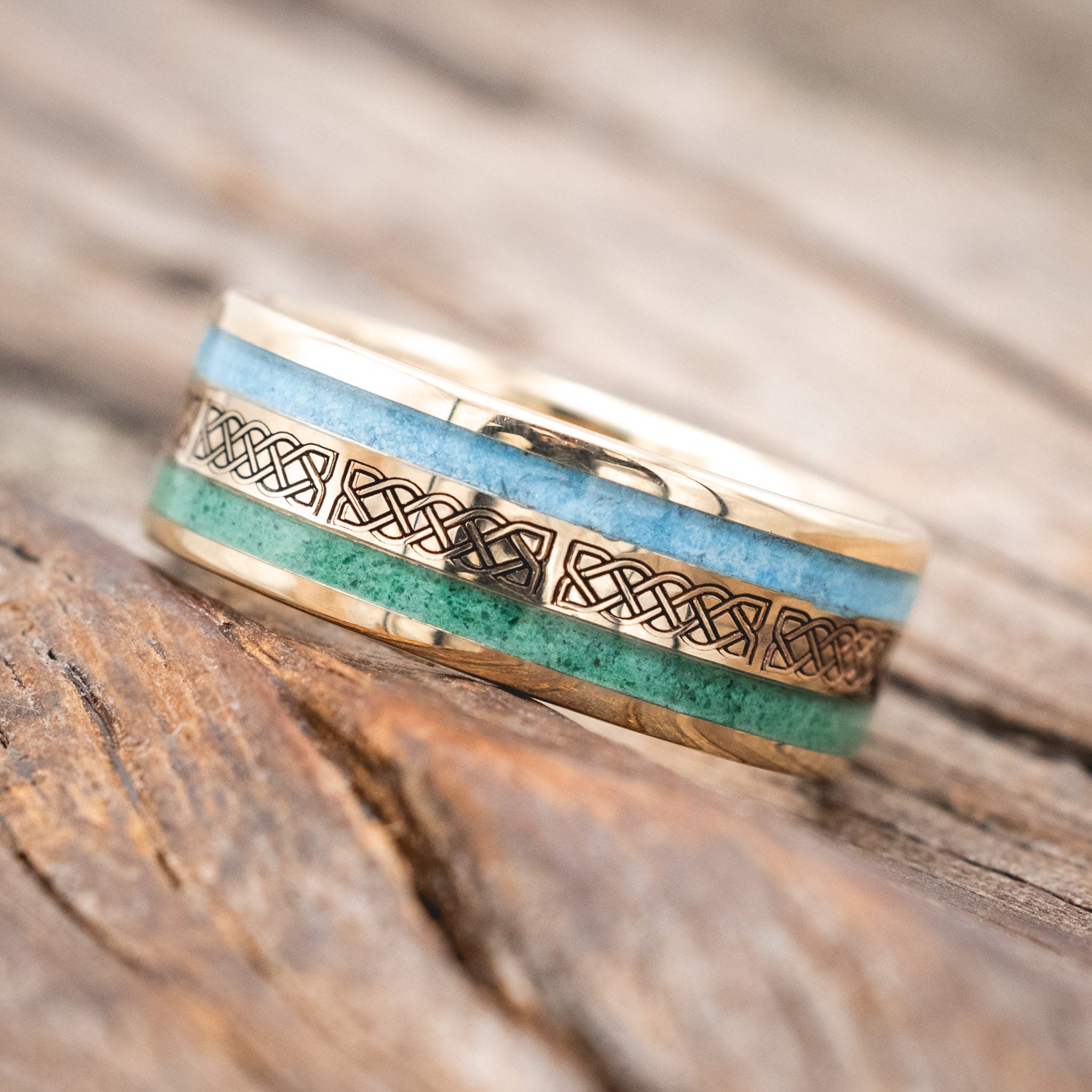 "RYDER" - CELTIC SAILOR'S KNOT ENGRAVED, MALACHITE & TURQUOISE WEDDING RING-Staghead Designs