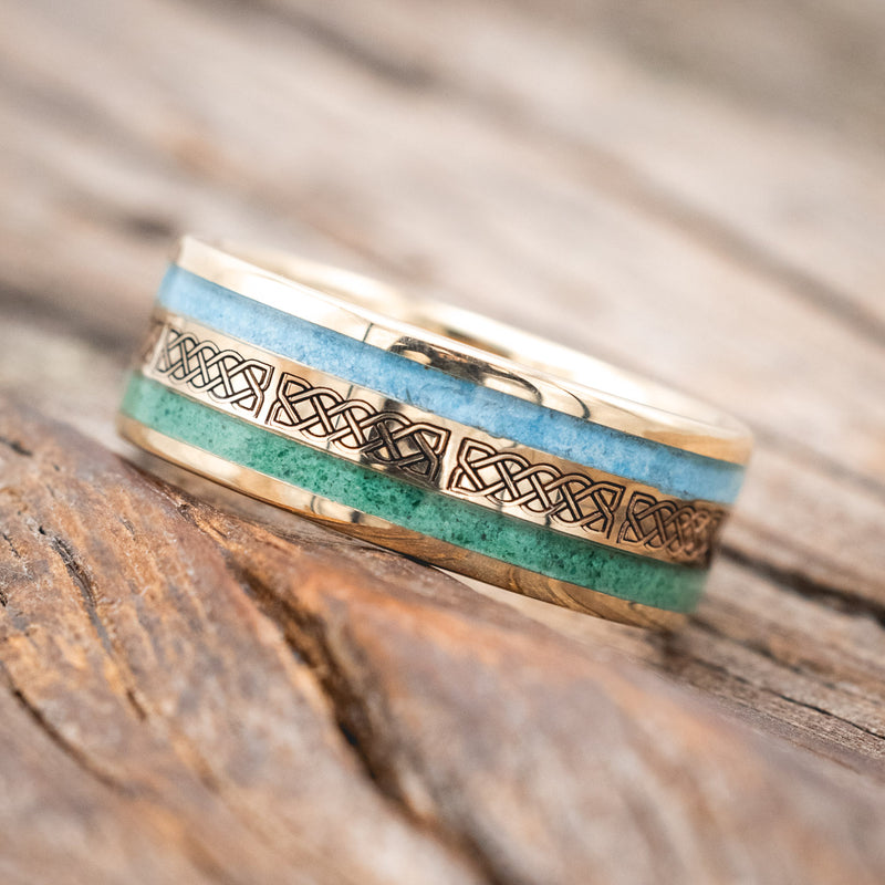 "RYDER" - CELTIC SAILOR'S KNOT ENGRAVED, MALACHITE & TURQUOISE WEDDING RING