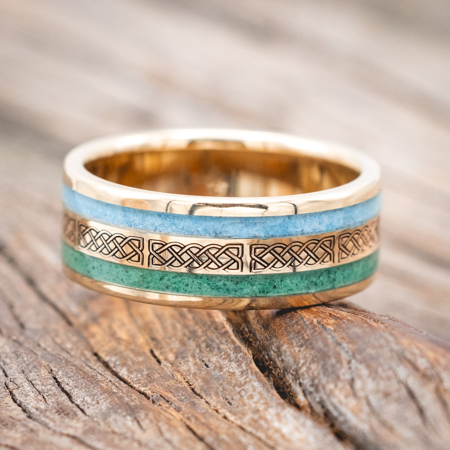 "RYDER" - CELTIC SAILOR'S KNOT ENGRAVED, MALACHITE & TURQUOISE WEDDING RING-Staghead Designs