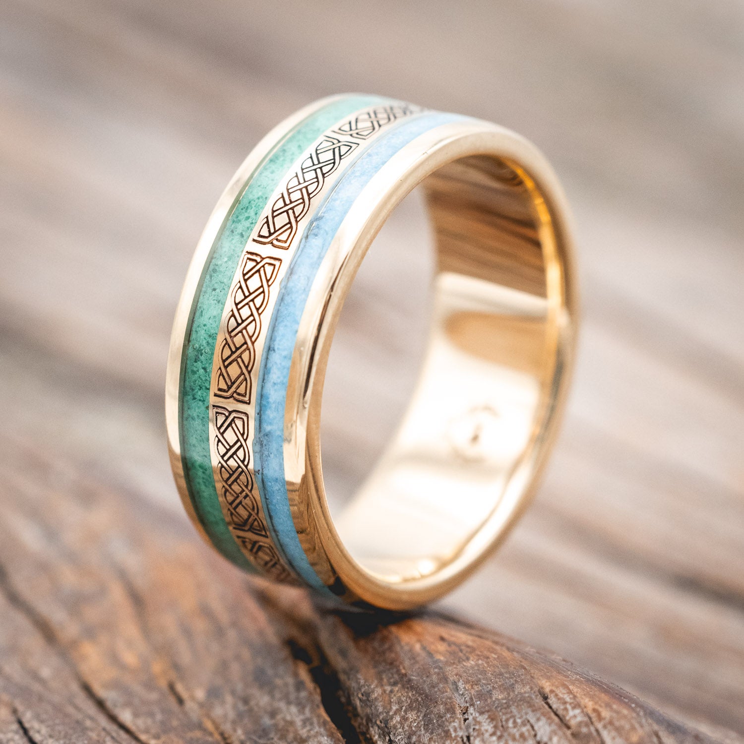 "RYDER" - CELTIC SAILOR'S KNOT ENGRAVED, MALACHITE & TURQUOISE WEDDING RING-Staghead Designs