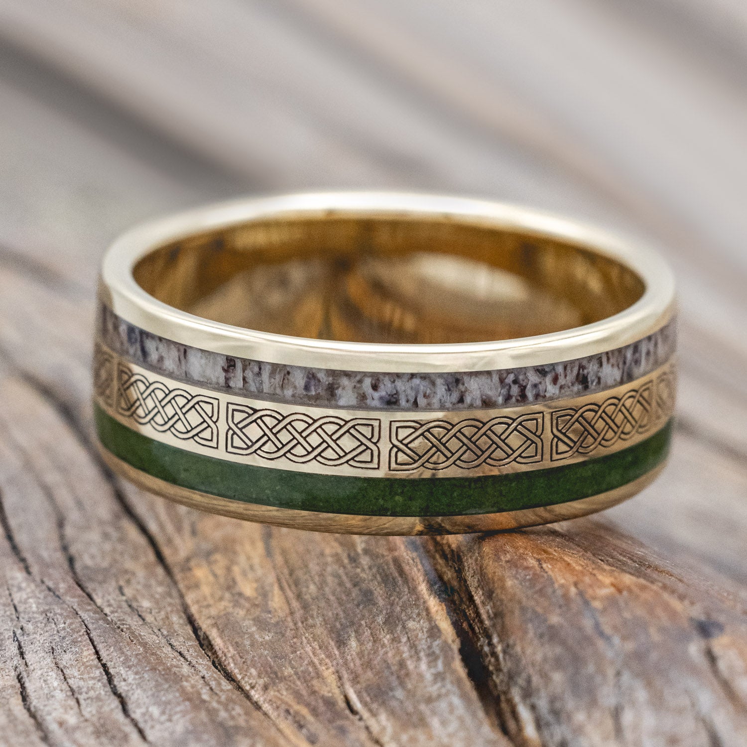 "RYDER" - CELTIC SAILOR'S KNOT ENGRAVED WEDDING BAND WITH ANTLER & MOSS-Staghead Designs