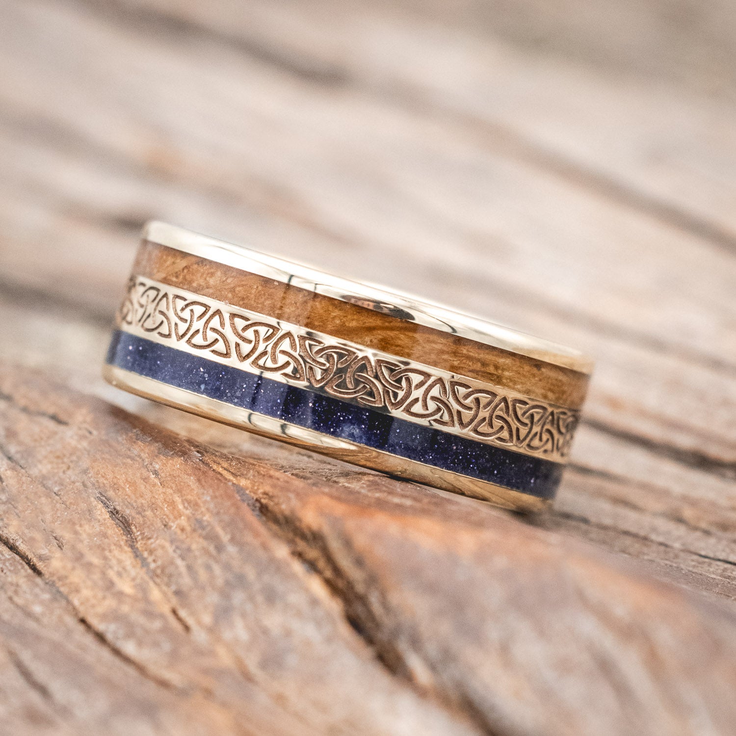 "RYDER" - CELTIC TRIQUETRA KNOT ENGRAVED, WHISKEY BARREL OAK & BLUE GOLDSTONE WEDDING RING-Staghead Designs