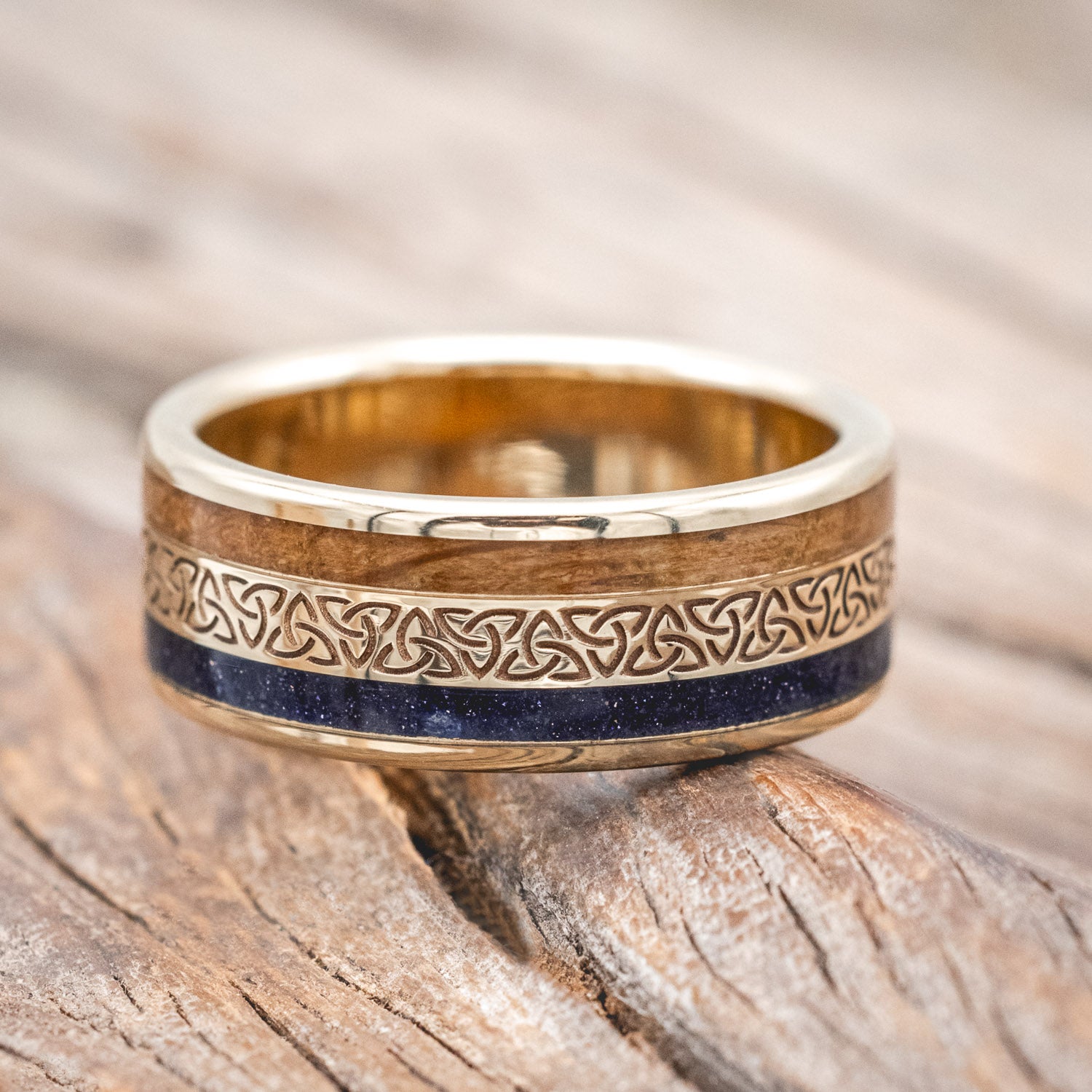 "RYDER" - CELTIC TRIQUETRA KNOT ENGRAVED, WHISKEY BARREL OAK & BLUE GOLDSTONE WEDDING RING-Staghead Designs
