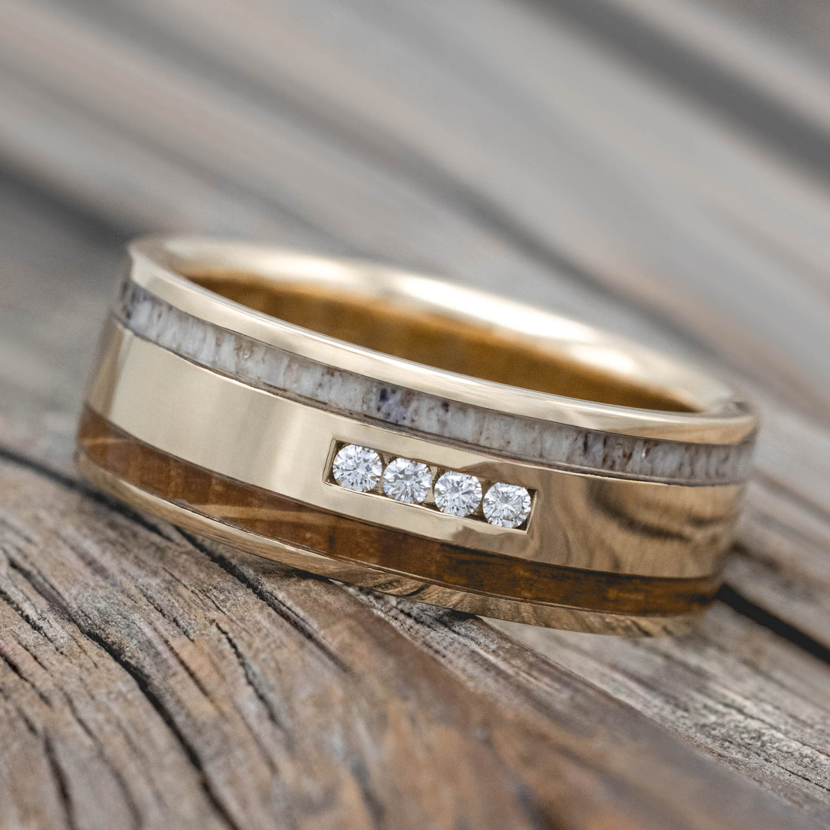 "RYDER" - DIAMONDS, WHISKEY BARREL & ANTLER WEDDING BAND-Staghead Designs
