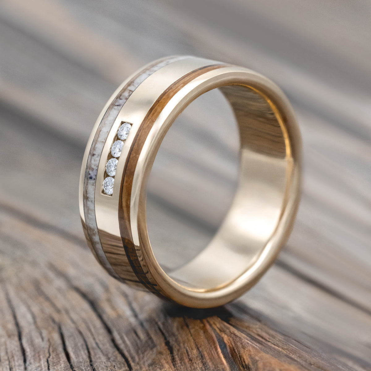 "RYDER" - DIAMONDS, WHISKEY BARREL & ANTLER WEDDING BAND-Staghead Designs
