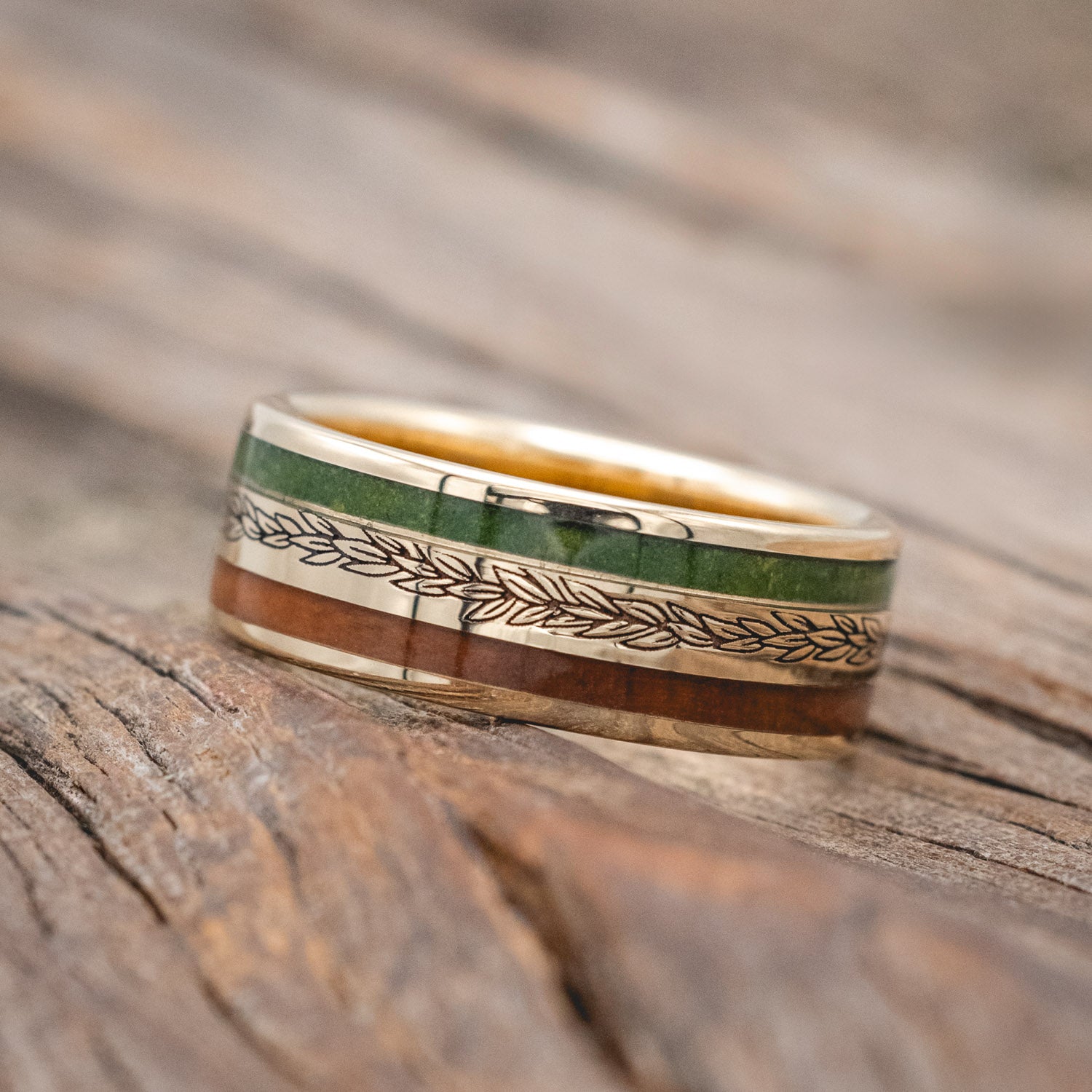 "Ryder" - laurel engraved men's wedding ring featuring redwood & moss inlays