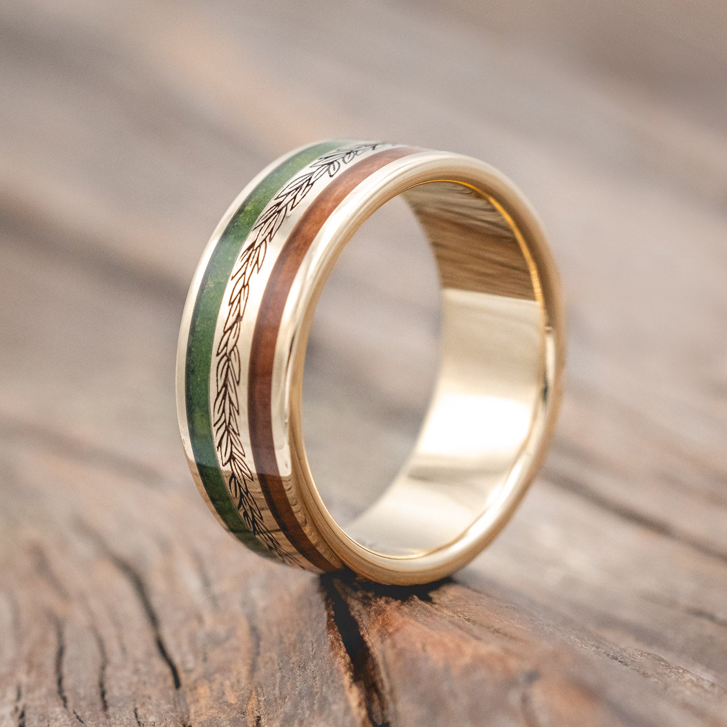 "Ryder" - laurel engraved men's wedding ring featuring redwood & moss inlays