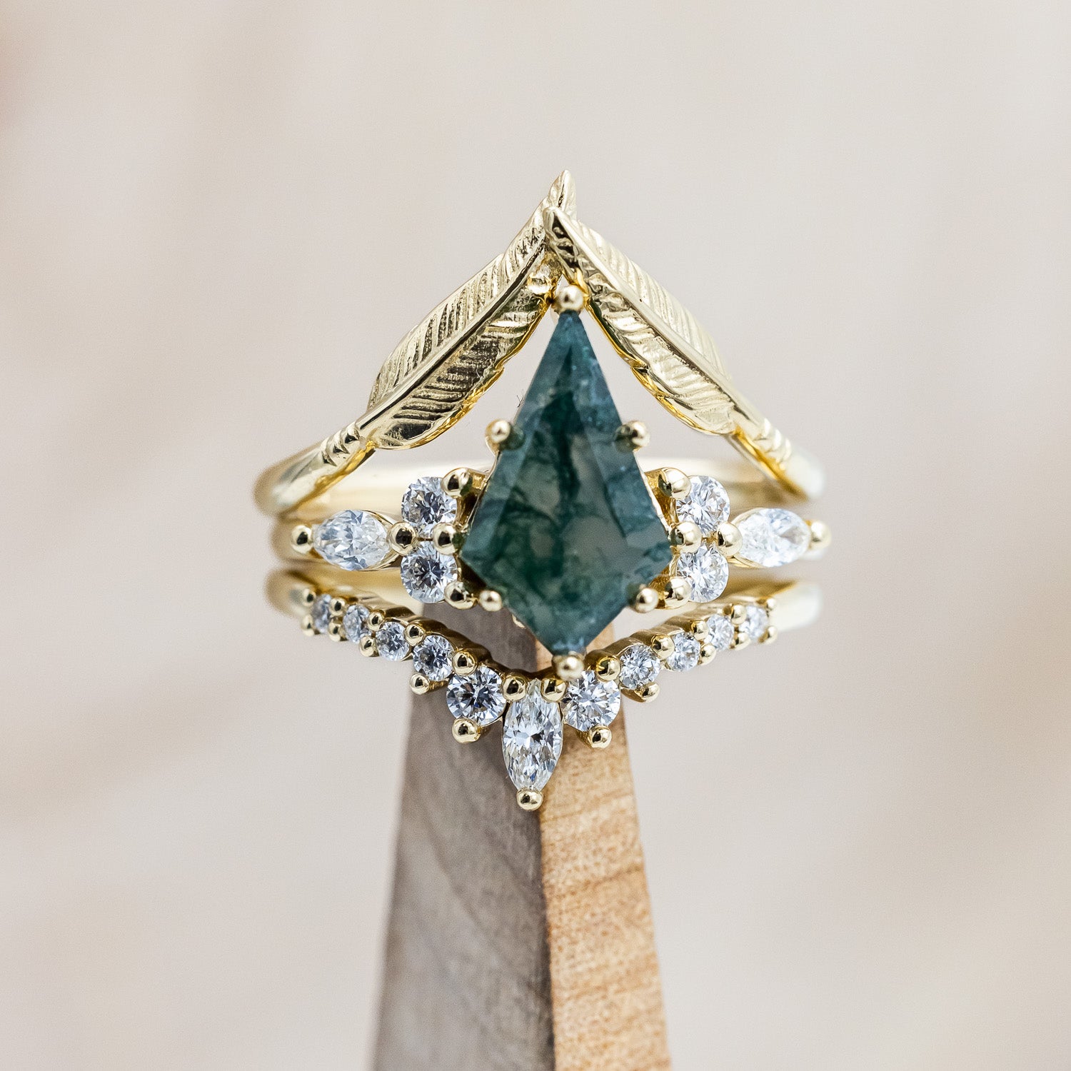 "SAGE" - BRIDAL SUITE - KITE CUT MOSS AGATE ENGAGEMENT RING WITH DIAMOND ACCENTS & TRACERS-Staghead Designs
