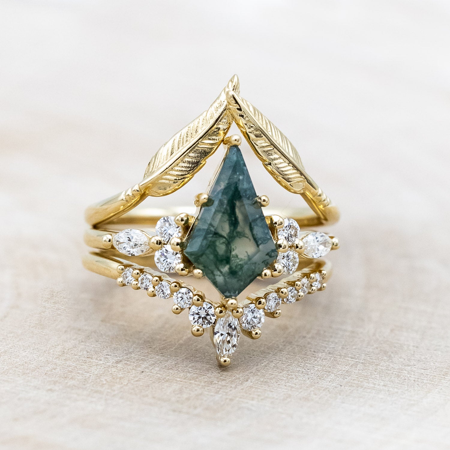"SAGE" - BRIDAL SUITE - KITE CUT MOSS AGATE ENGAGEMENT RING WITH DIAMOND ACCENTS & TRACERS-Staghead Designs