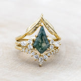 "SAGE" - BRIDAL SUITE - KITE CUT MOSS AGATE ENGAGEMENT RING WITH DIAMOND ACCENTS & TRACERS