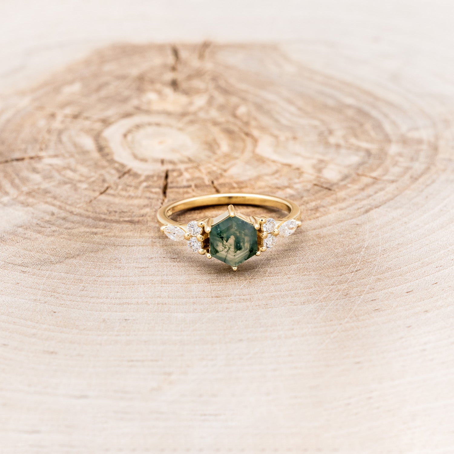 "SAGE" - HEXAGON MOSS AGATE ENGAGEMENT RING WITH DIAMOND ACCENTS-4