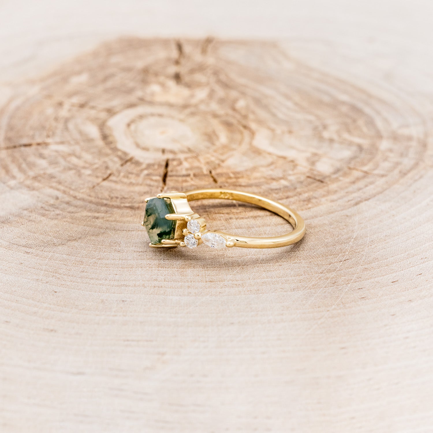 "SAGE" - HEXAGON MOSS AGATE ENGAGEMENT RING WITH DIAMOND ACCENTS-3