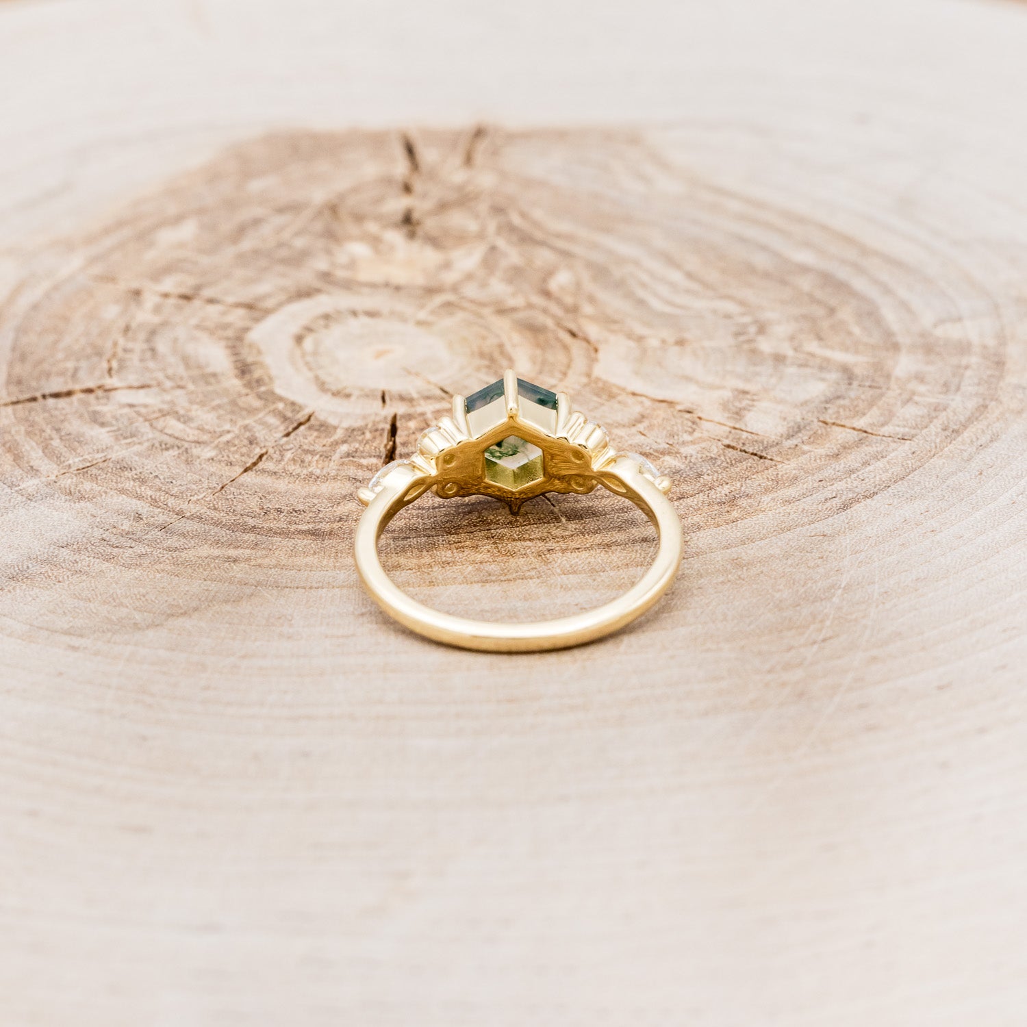"SAGE" - HEXAGON MOSS AGATE ENGAGEMENT RING WITH DIAMOND ACCENTS-5