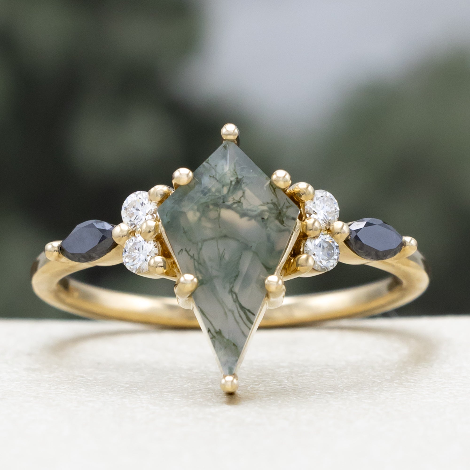 "SAGE" - KITE CUT MOSS AGATE ENGAGEMENT RING & TRACER WITH BLACK MARQUISE DIAMOND ACCENTS-Staghead Designs