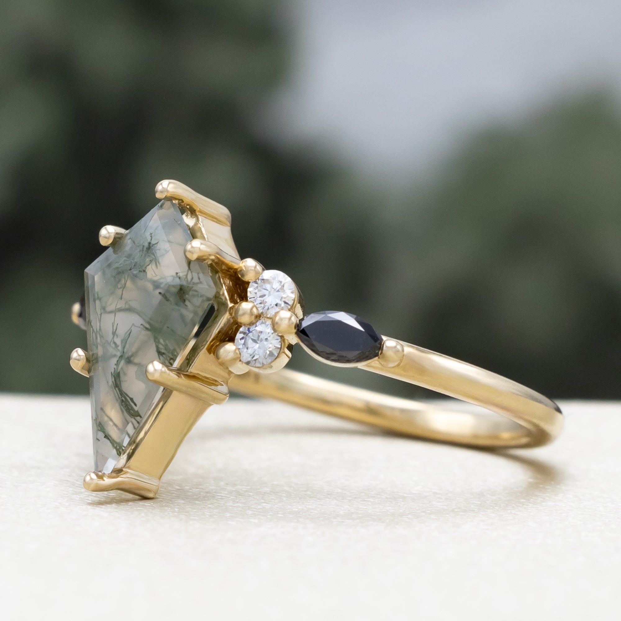 "SAGE" - KITE CUT MOSS AGATE ENGAGEMENT RING & TRACER WITH BLACK MARQUISE DIAMOND ACCENTS-Staghead Designs
