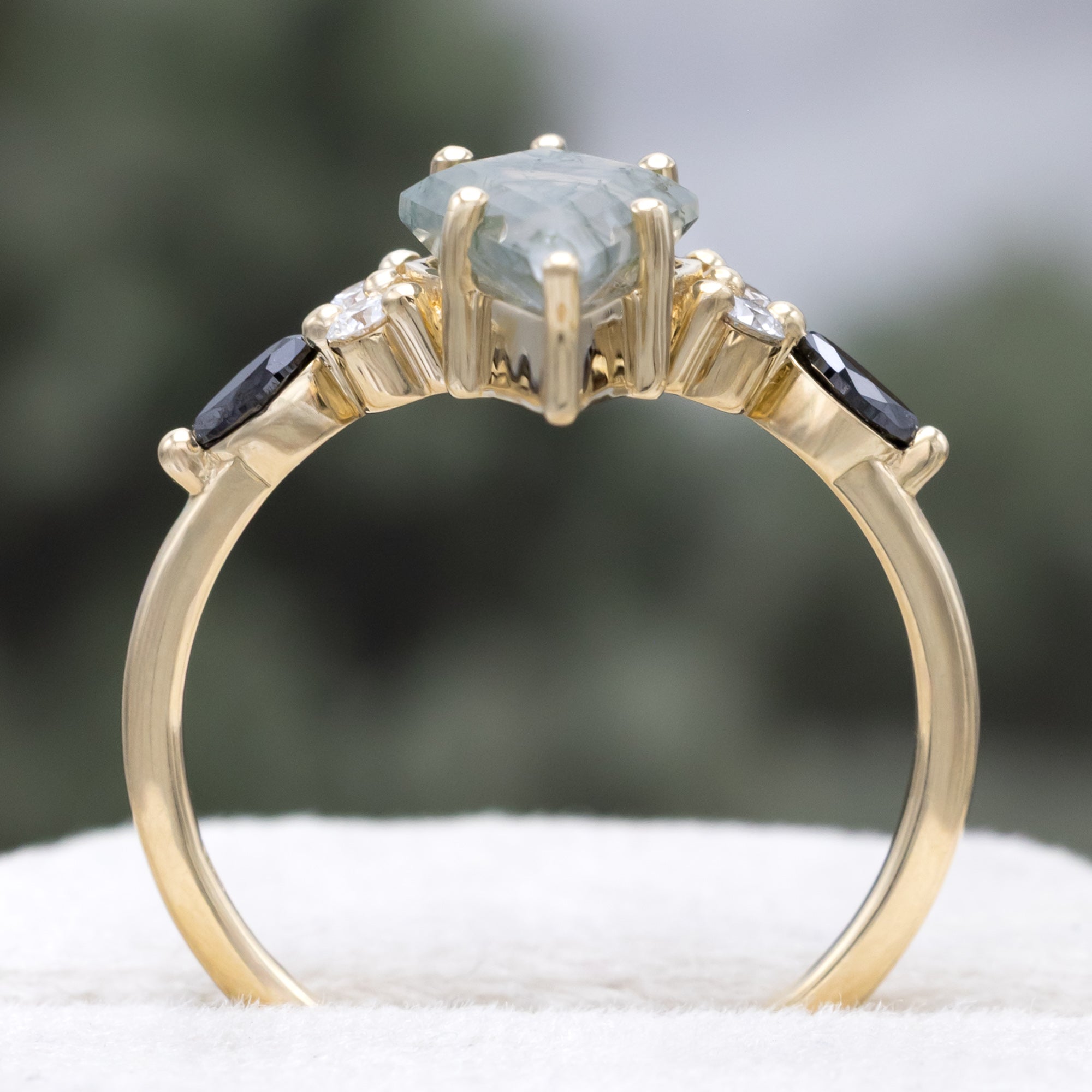 "SAGE" - KITE CUT MOSS AGATE ENGAGEMENT RING & TRACER WITH BLACK MARQUISE DIAMOND ACCENTS-Staghead Designs