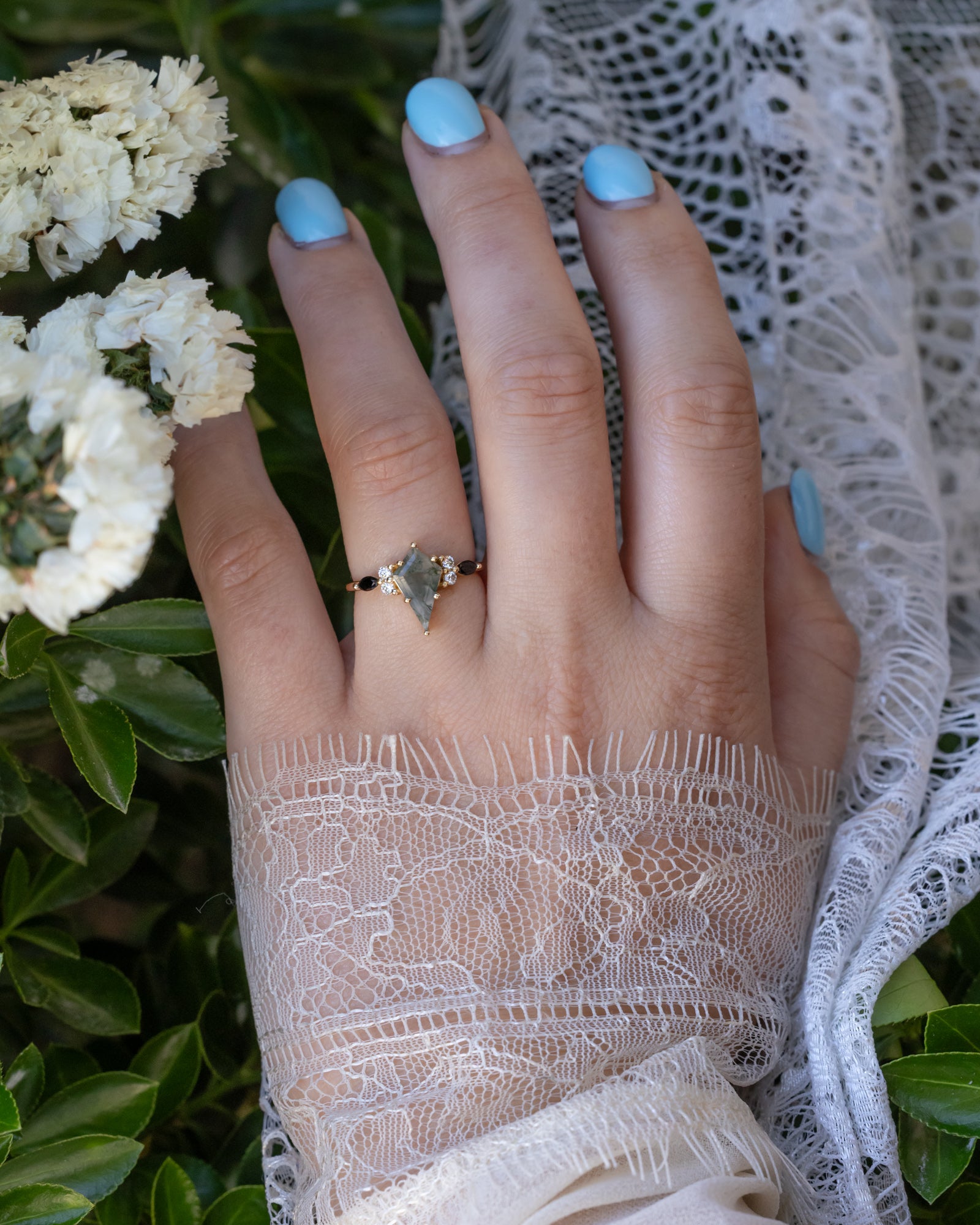 "SAGE" - KITE CUT MOSS AGATE ENGAGEMENT RING & TRACER WITH BLACK MARQUISE DIAMOND ACCENTS-Staghead Designs