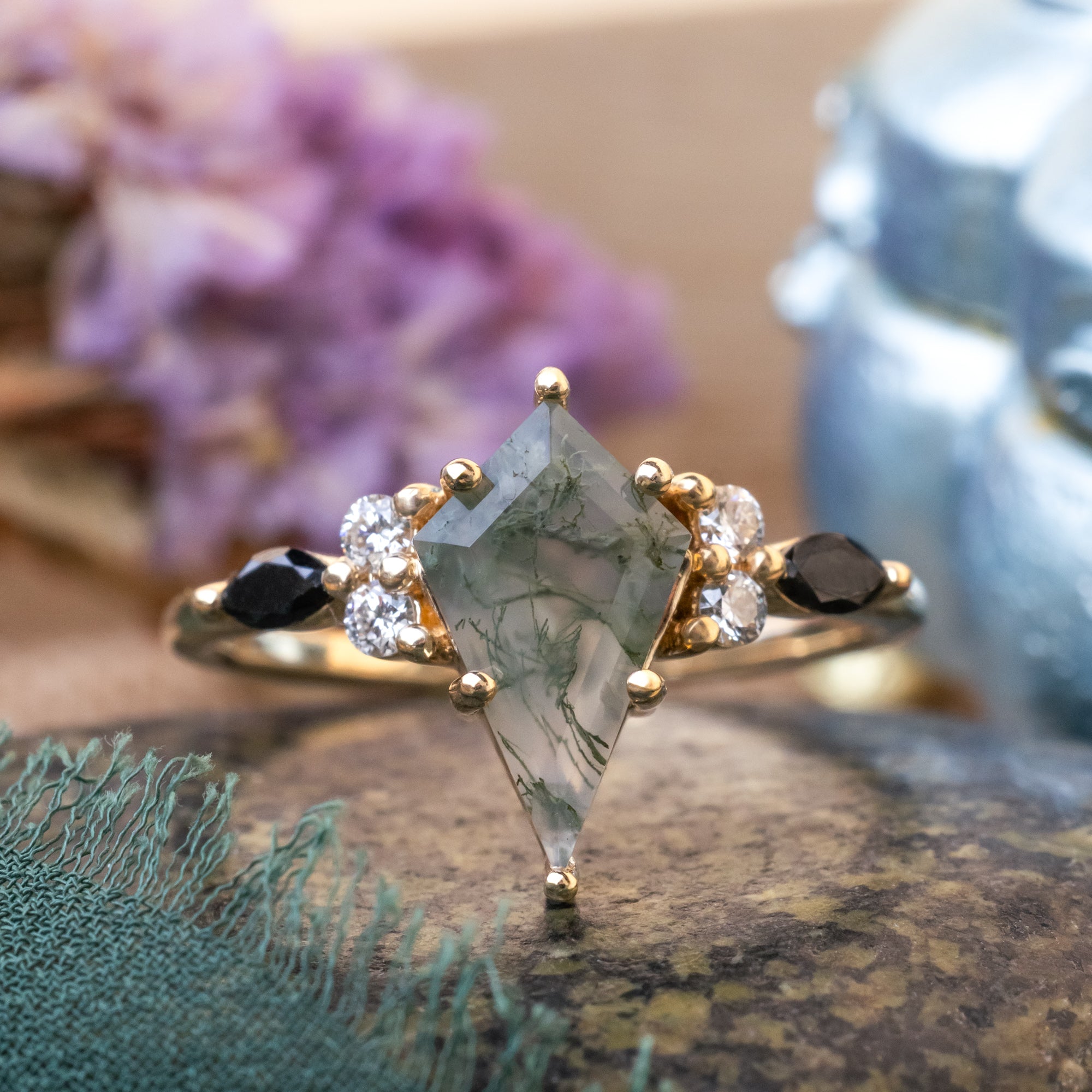 "SAGE" - KITE CUT MOSS AGATE ENGAGEMENT RING & TRACER WITH BLACK MARQUISE DIAMOND ACCENTS-Staghead Designs