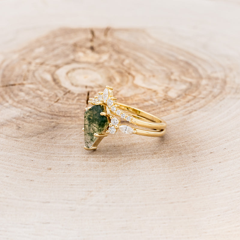 "SAGE" - KITE CUT MOSS AGATE ENGAGEMENT RING WITH DIAMOND ACCENTS & DIAMOND TRACER - READY TO SHIP
