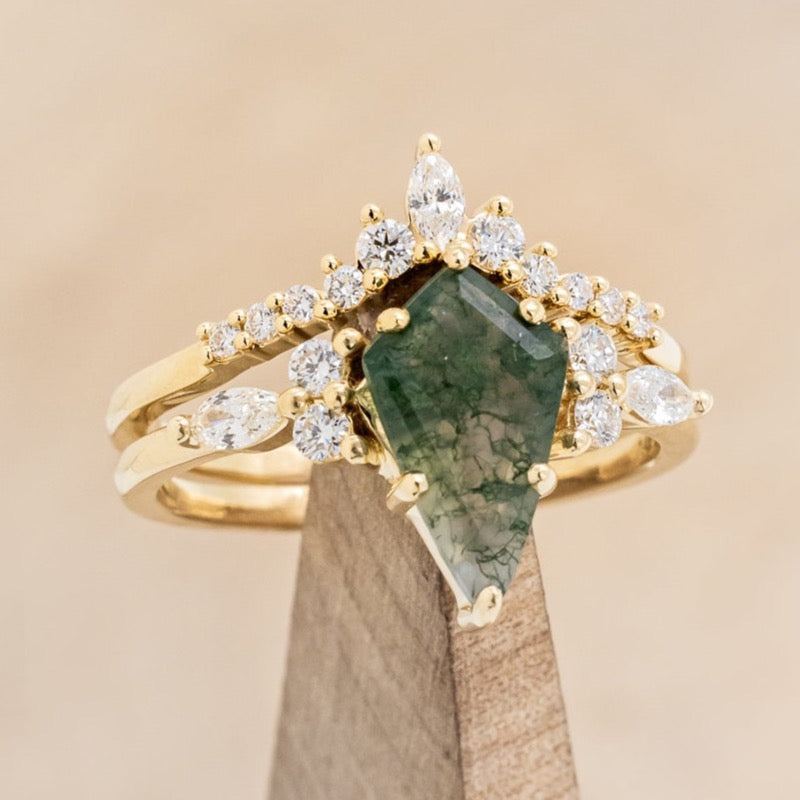 "SAGE" - KITE CUT MOSS AGATE ENGAGEMENT RING WITH DIAMOND ACCENTS & DIAMOND TRACER-19