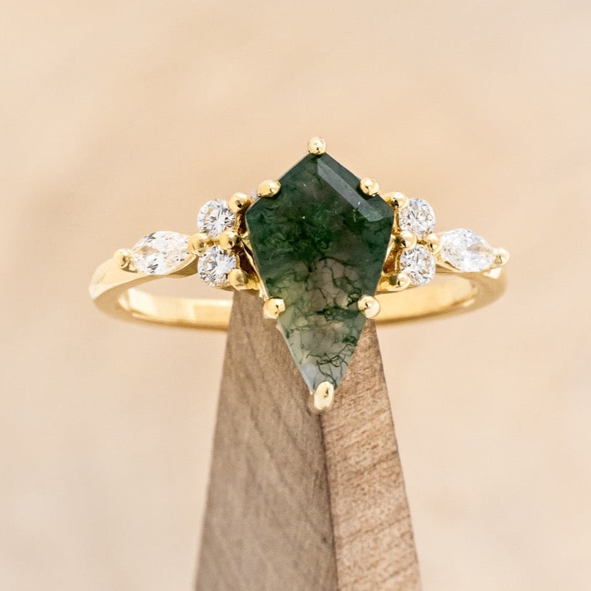 "SAGE" - KITE CUT MOSS AGATE ENGAGEMENT RING WITH DIAMOND ACCENTS & DIAMOND TRACER-24