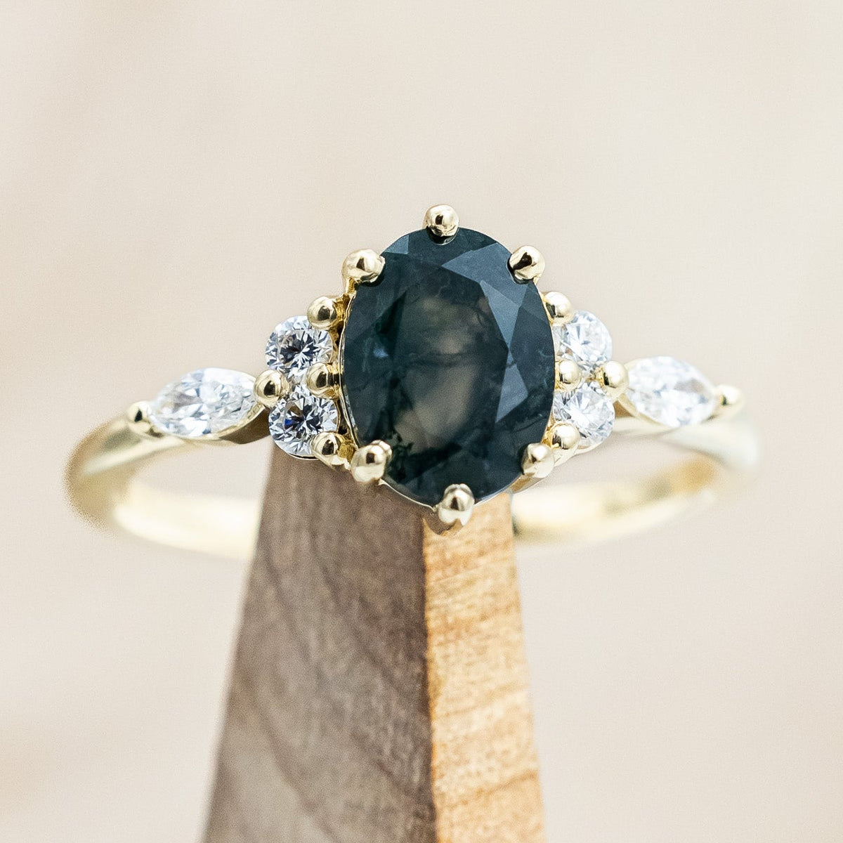 "SAGE" - OVAL CUT MOSS AGATE ENGAGEMENT RING WITH DIAMOND ACCENTS-Staghead Designs