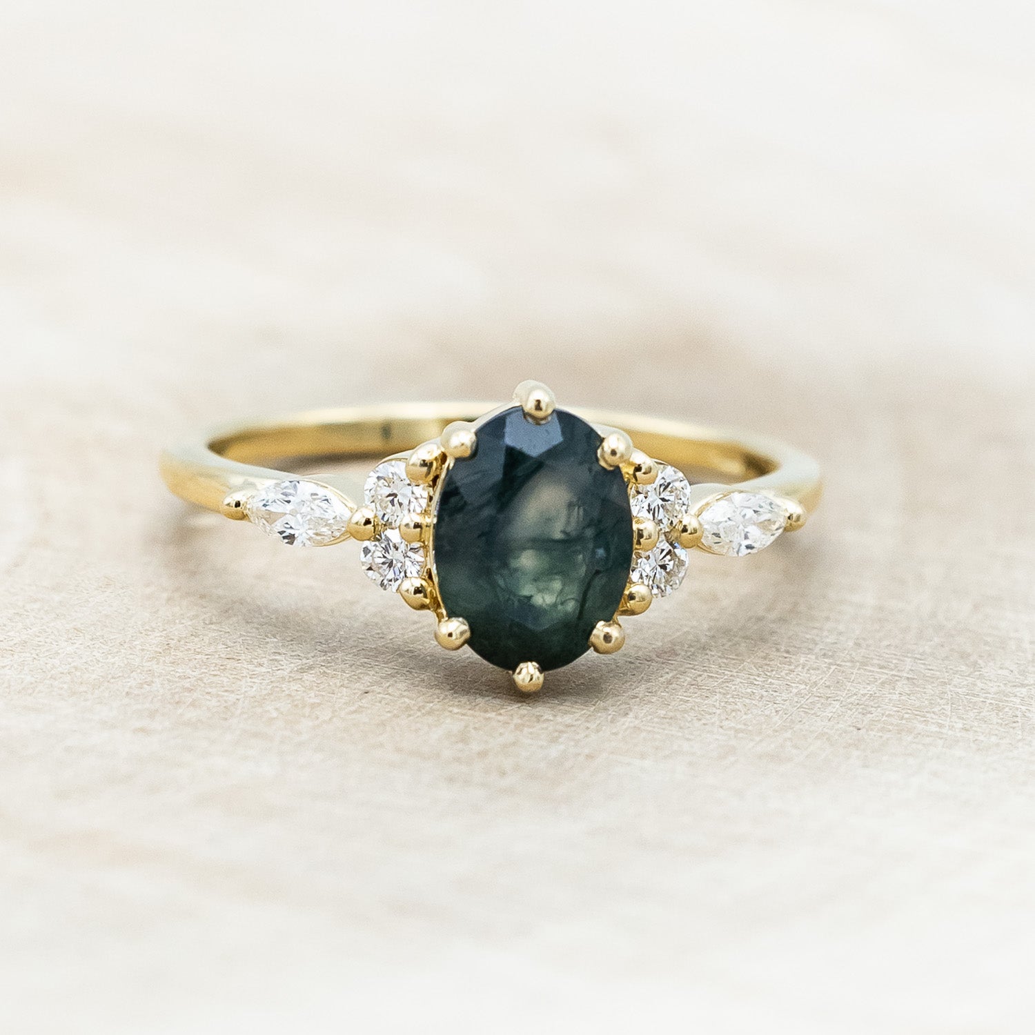 "SAGE" - OVAL CUT MOSS AGATE ENGAGEMENT RING WITH DIAMOND ACCENTS-Staghead Designs