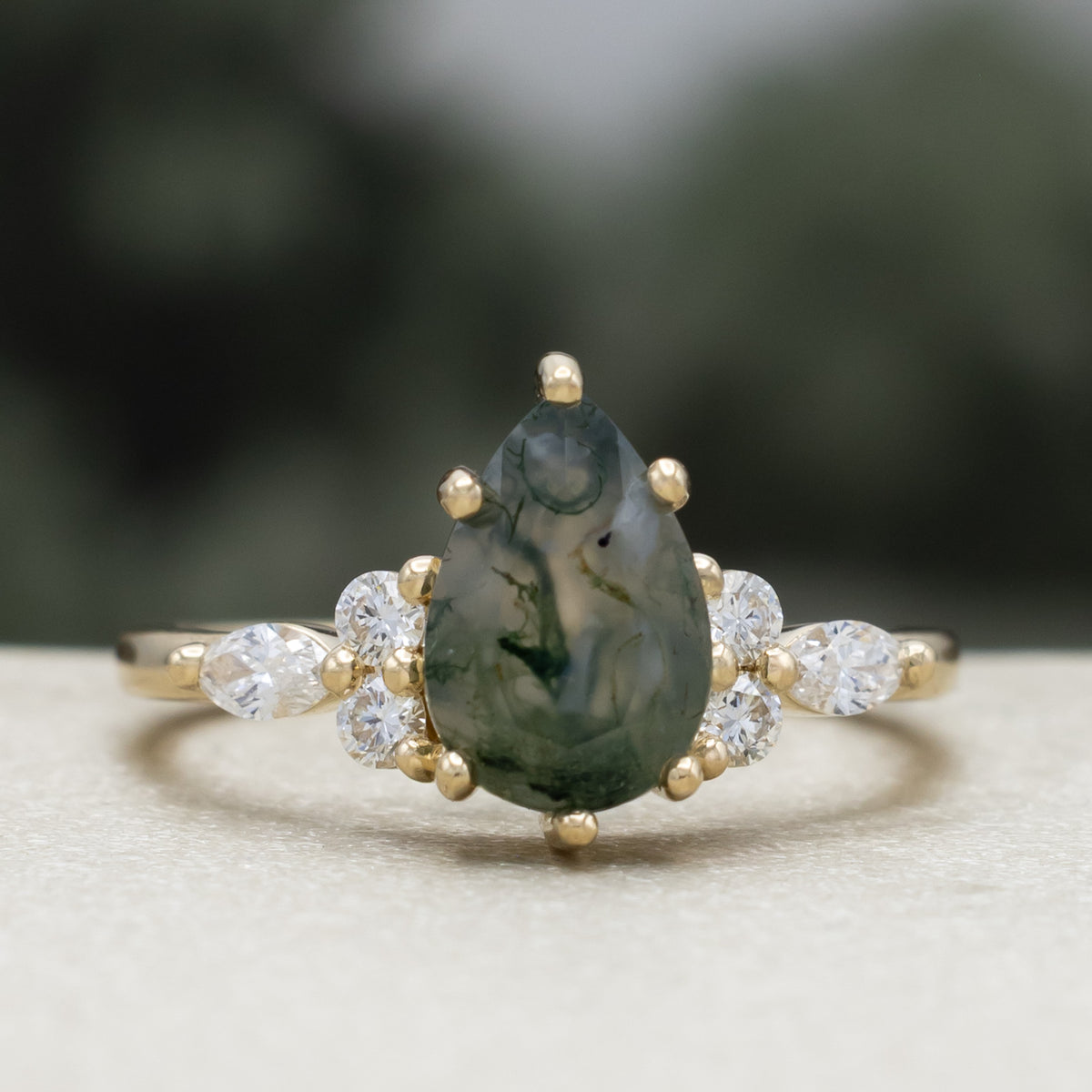 "Sage" - Pear Cut Moss Agate Engagement Ring With Diamond Accents-Staghead Designs